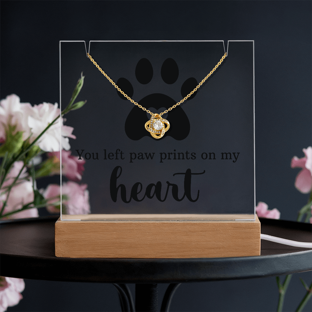 Pet Memorial Paw Prints Necklace & Lighted Acrylic Plaque – “You Left Paw Prints on My Heart” Sympathy Gift for Dog or Cat Lovers