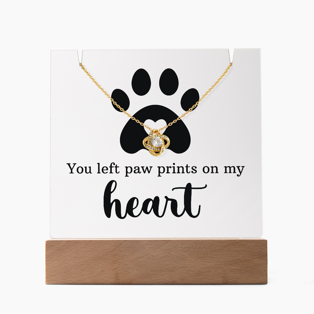 Pet Memorial Paw Prints Necklace & Lighted Acrylic Plaque – “You Left Paw Prints on My Heart” Sympathy Gift for Dog or Cat Lovers
