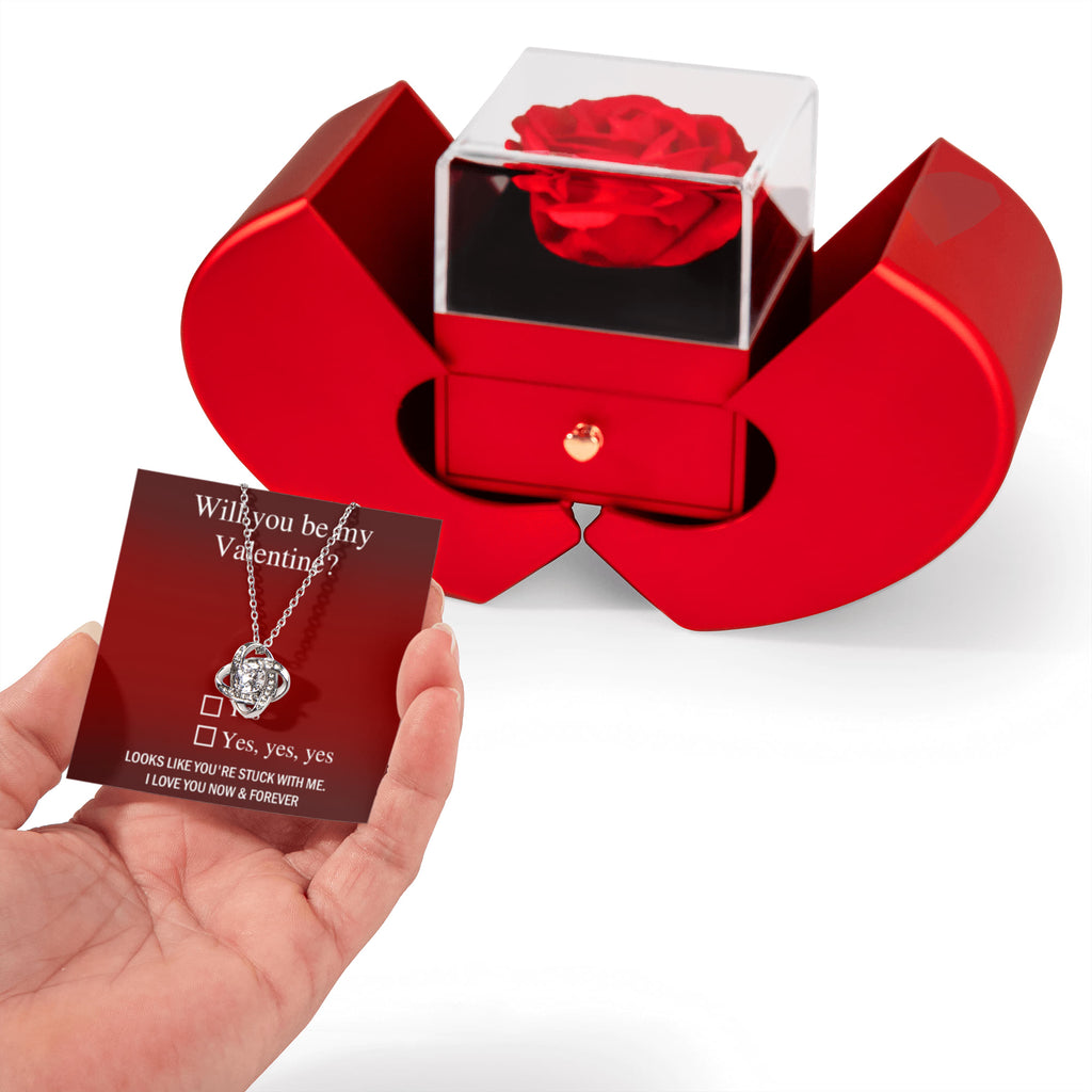 Will You Be My Valentine Love Knot Necklace with Preserved Rose – Romantic Valentine's Day Gift for Her