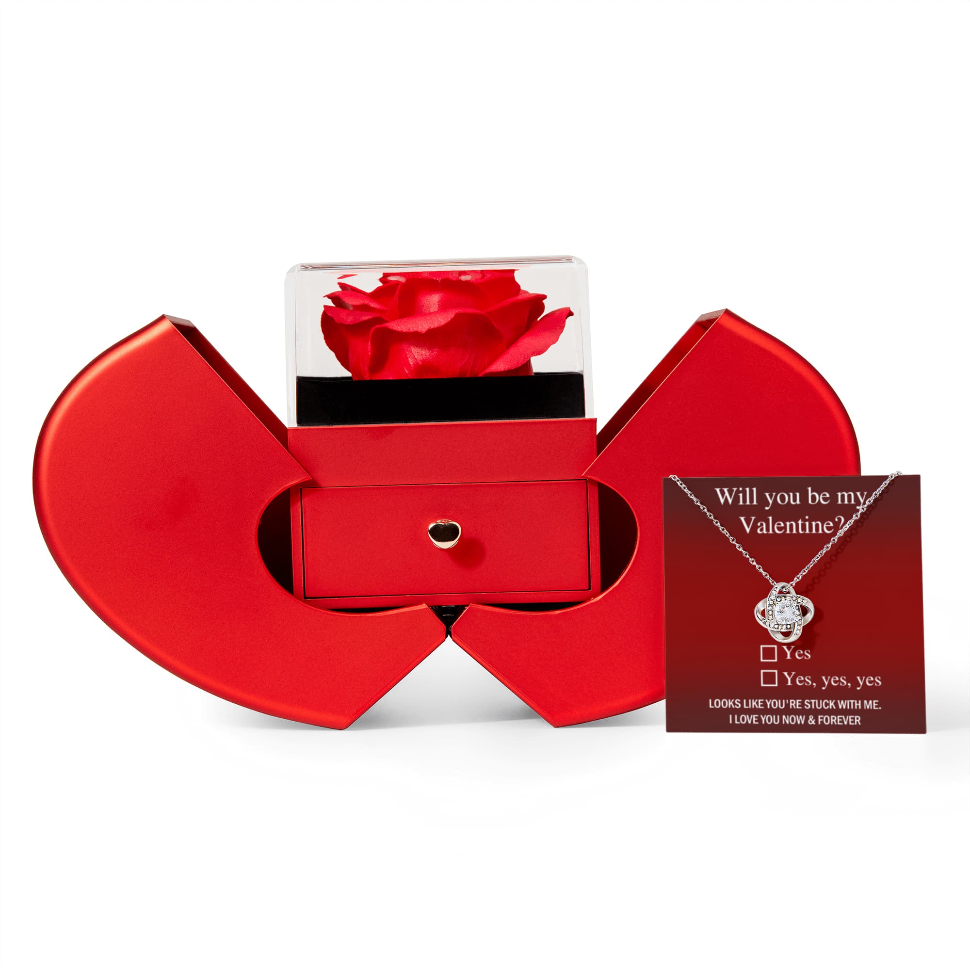 Will You Be My Valentine Love Knot Necklace with Preserved Rose – Romantic Valentine's Day Gift for Her