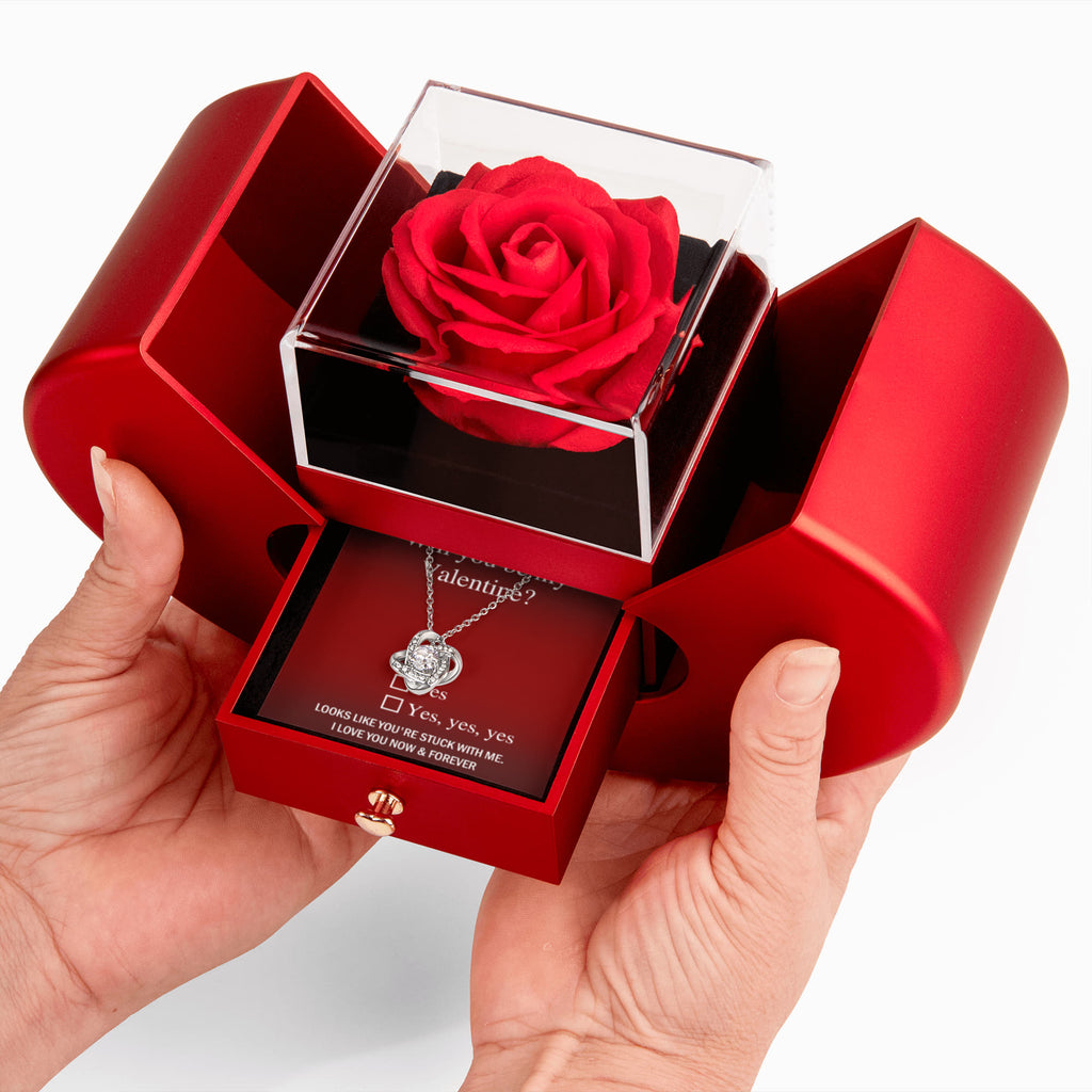 Will You Be My Valentine Love Knot Necklace with Preserved Rose – Romantic Valentine's Day Gift for Her