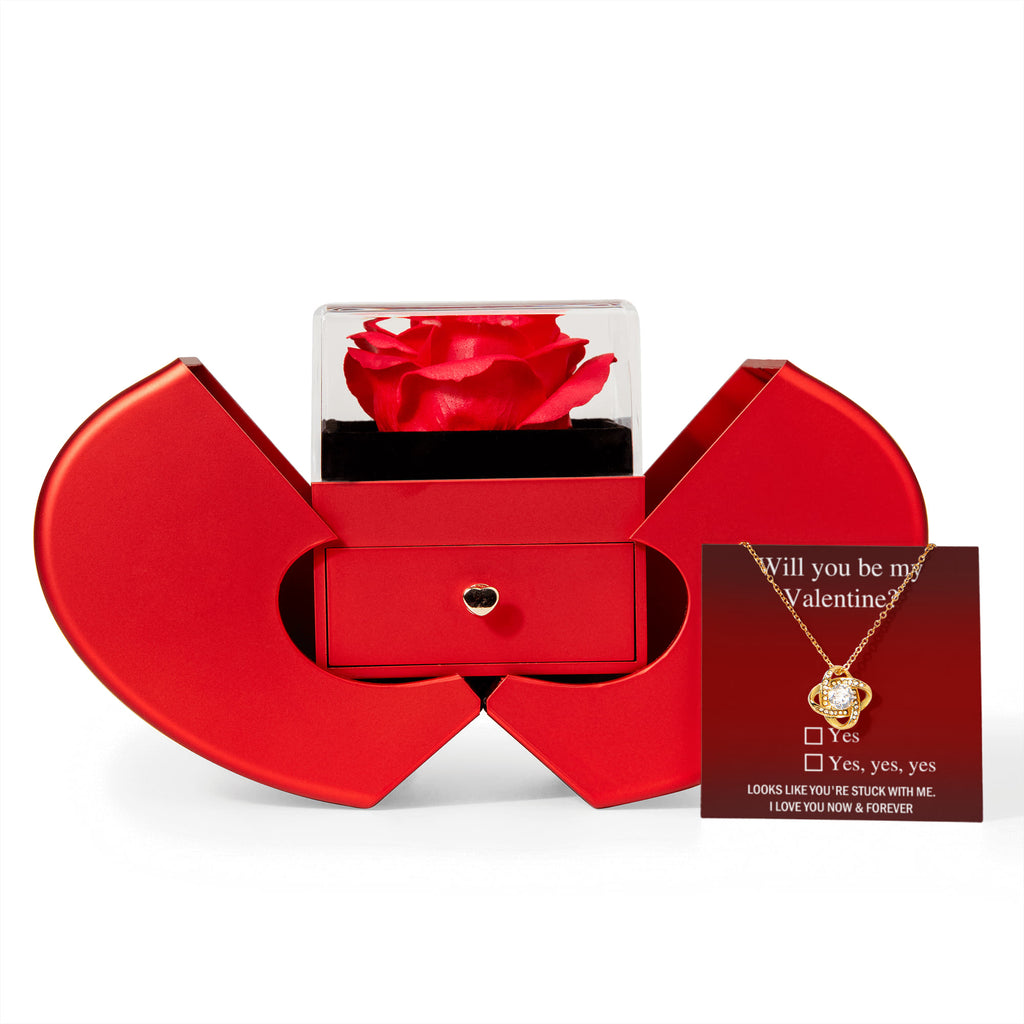 Will You Be My Valentine Love Knot Necklace with Preserved Rose – Romantic Valentine's Day Gift for Her