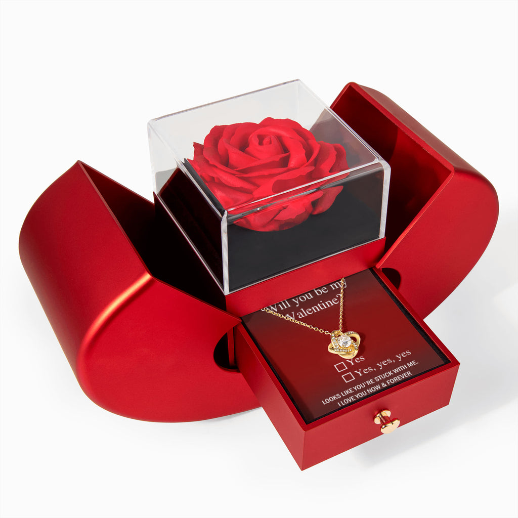 Will You Be My Valentine Love Knot Necklace with Preserved Rose – Romantic Valentine's Day Gift for Her