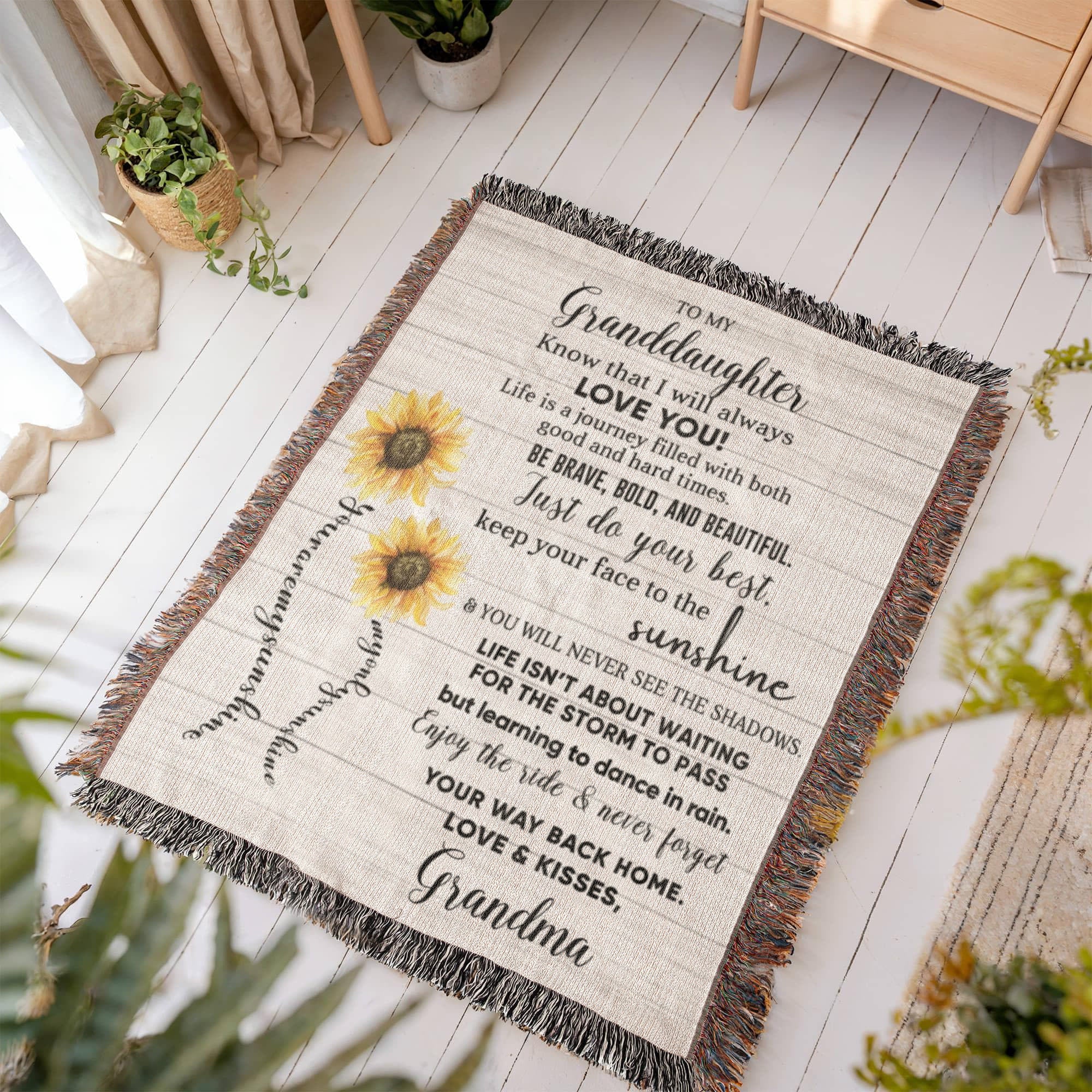 To My Granddaughter Be Brave, Bold and Beautiful - Life is Learning to Dance in the Rain Inspirational Heirloom Woven Blanket