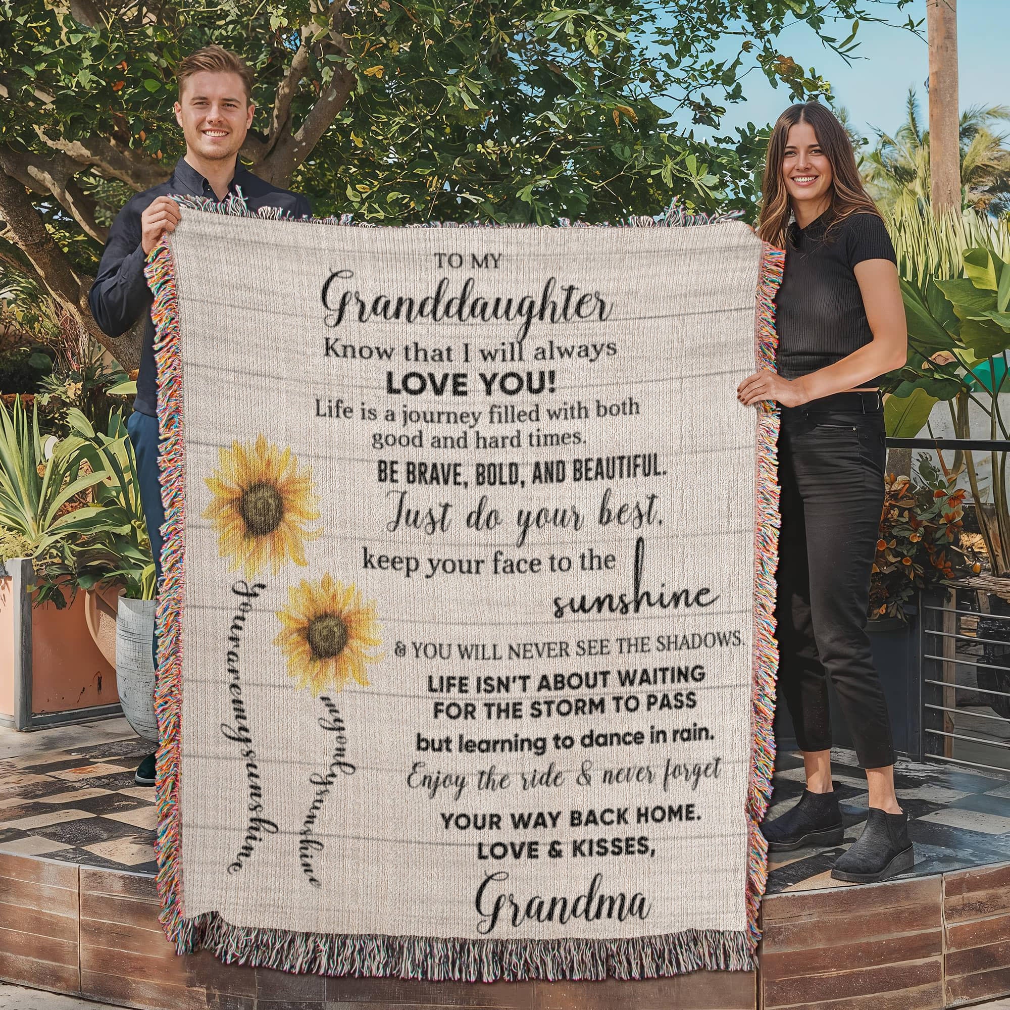 To My Granddaughter Be Brave, Bold and Beautiful - Life is Learning to Dance in the Rain Inspirational Heirloom Woven Blanket