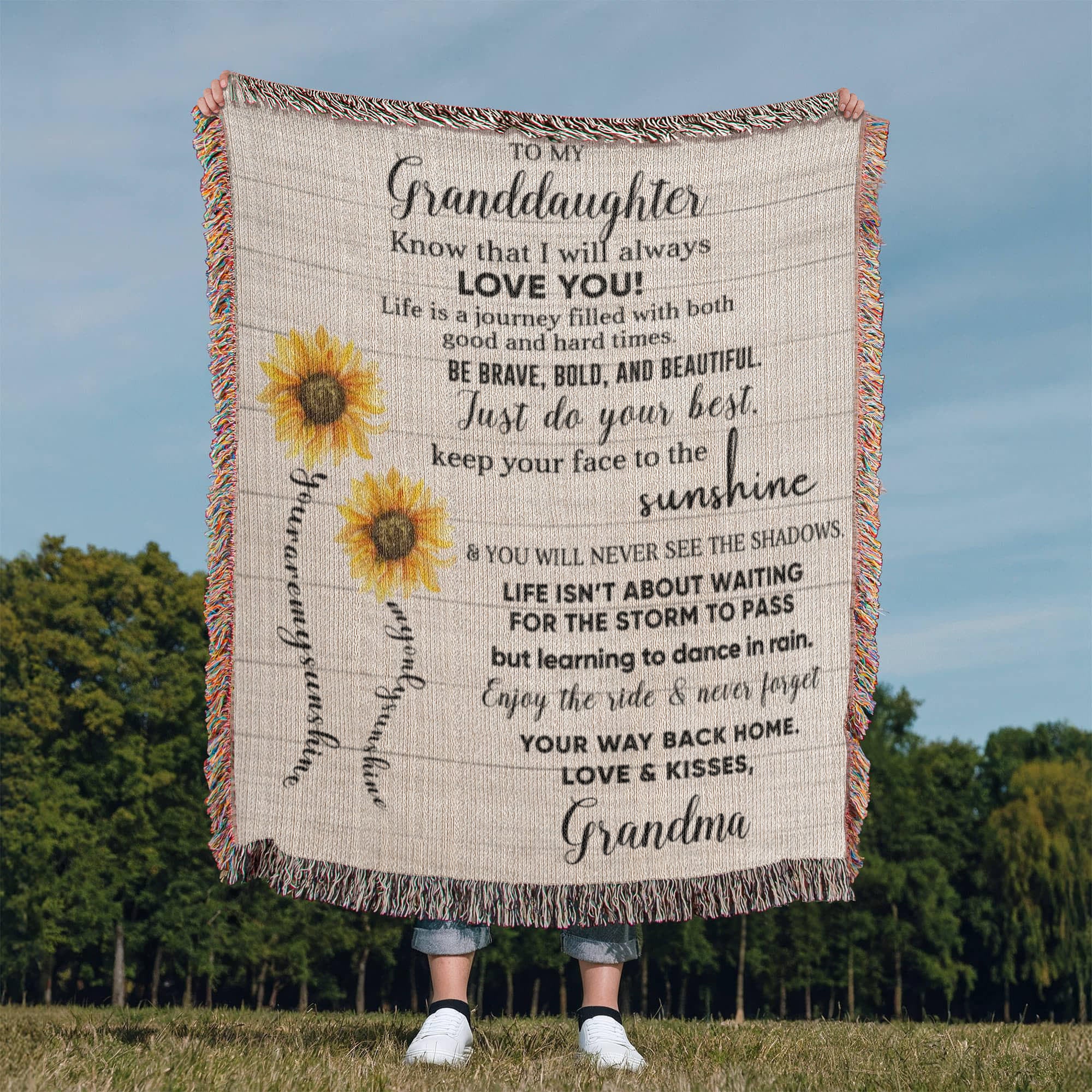 To My Granddaughter Be Brave, Bold and Beautiful - Life is Learning to Dance in the Rain Inspirational Heirloom Woven Blanket