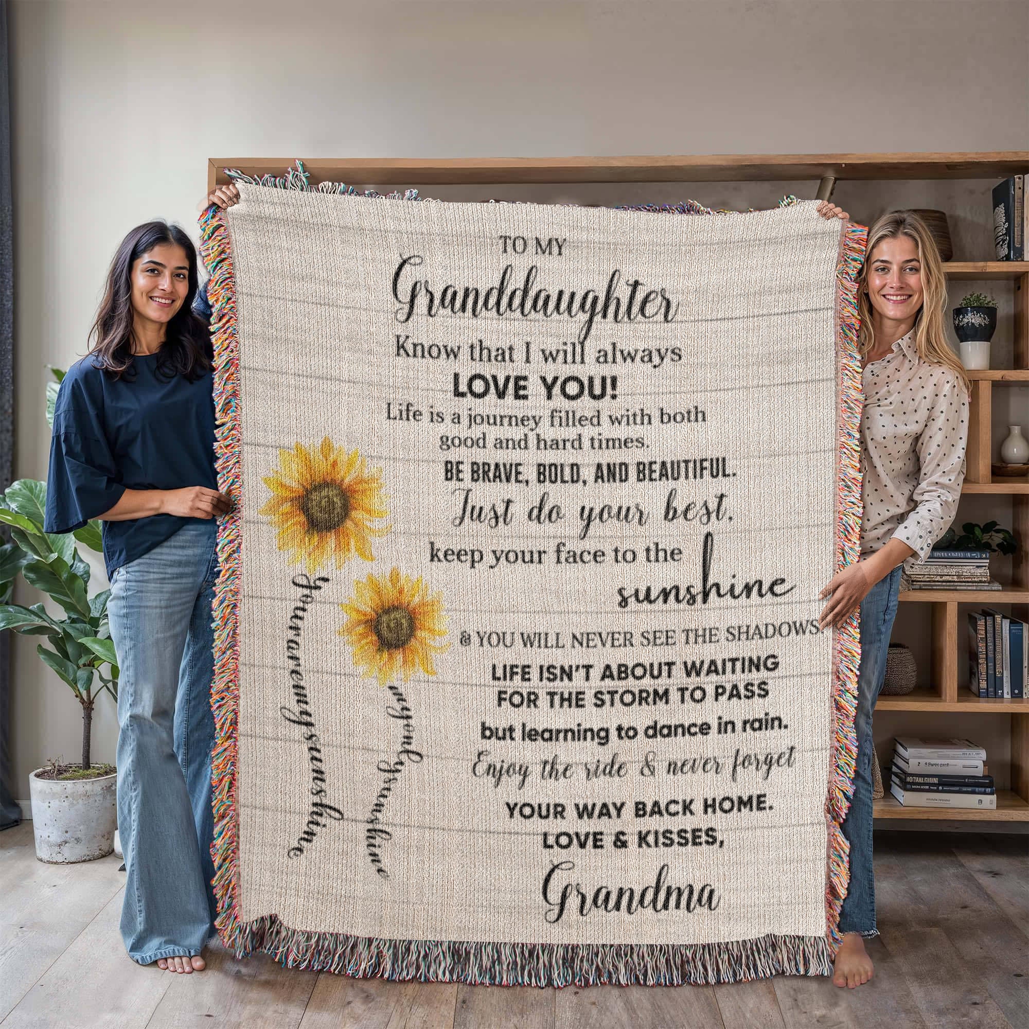 To My Granddaughter Be Brave, Bold and Beautiful - Life is Learning to Dance in the Rain Inspirational Heirloom Woven Blanket