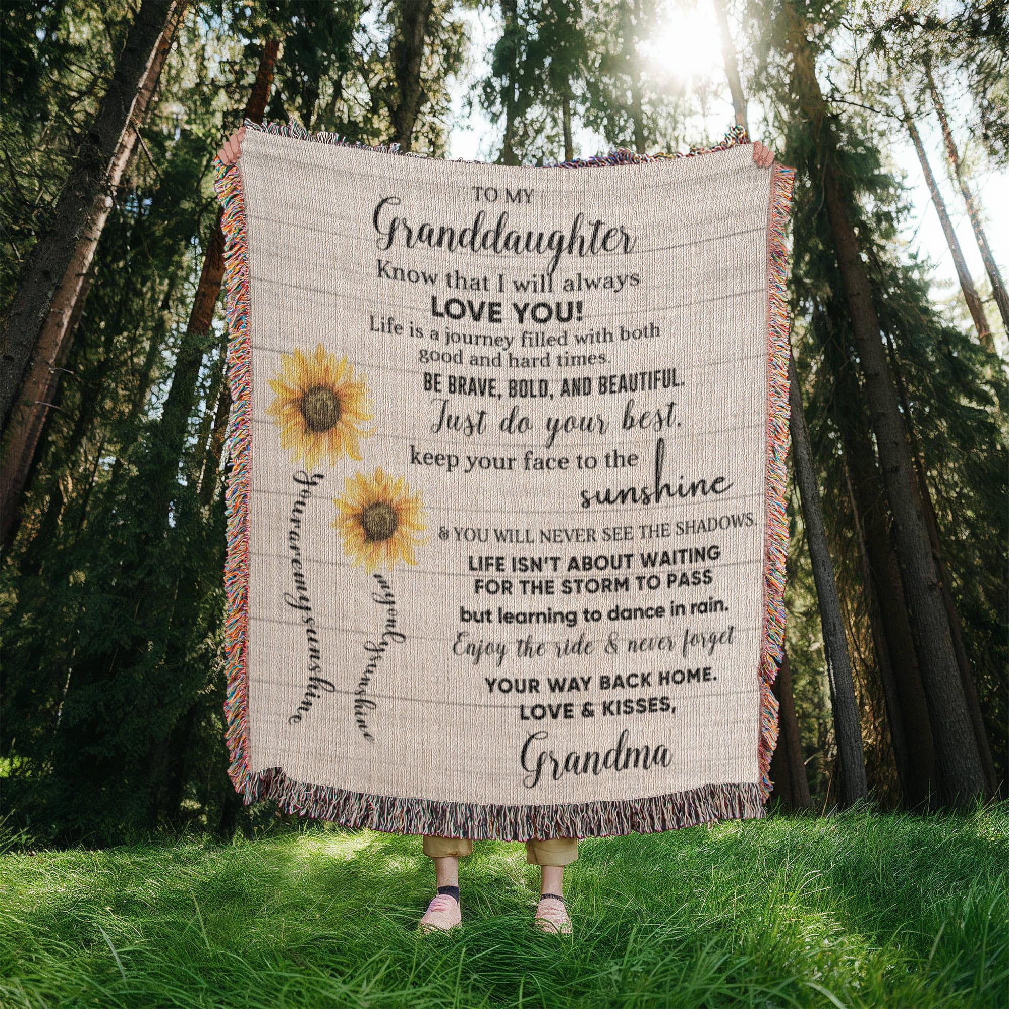 To My Granddaughter Be Brave, Bold and Beautiful - Life is Learning to Dance in the Rain Inspirational Heirloom Woven Blanket