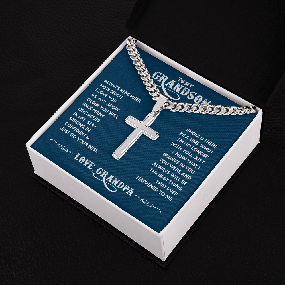 To My Grandson Personalized Cross Necklace – From Grandpa, Faith-Based Gift of Love, Strength and Belief