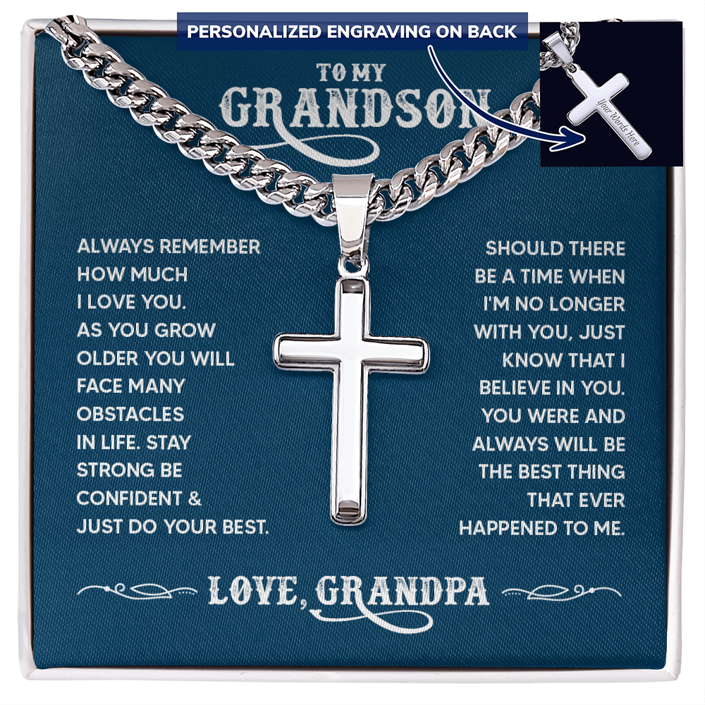 To My Grandson Personalized Cross Necklace – From Grandpa, Faith-Based Gift of Love, Strength and Belief