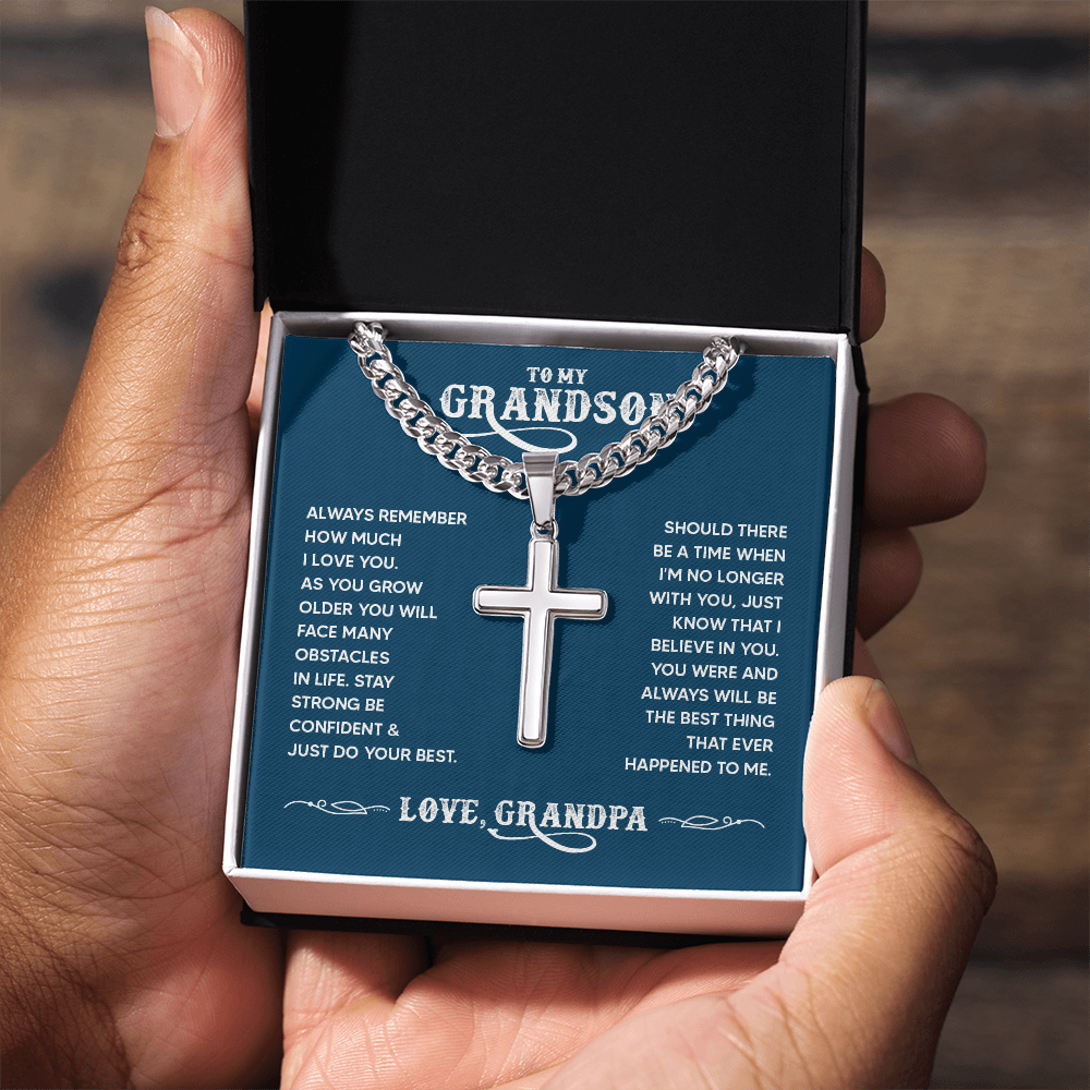 To My Grandson Personalized Cross Necklace – From Grandpa, Faith-Based Gift of Love, Strength and Belief