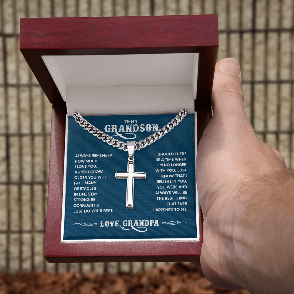 To My Grandson Personalized Cross Necklace – From Grandpa, Faith-Based Gift of Love, Strength and Belief