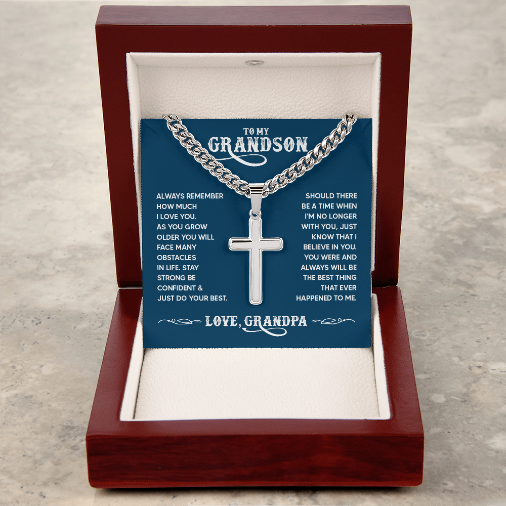 To My Grandson Personalized Cross Necklace – From Grandpa, Faith-Based Gift of Love, Strength and Belief