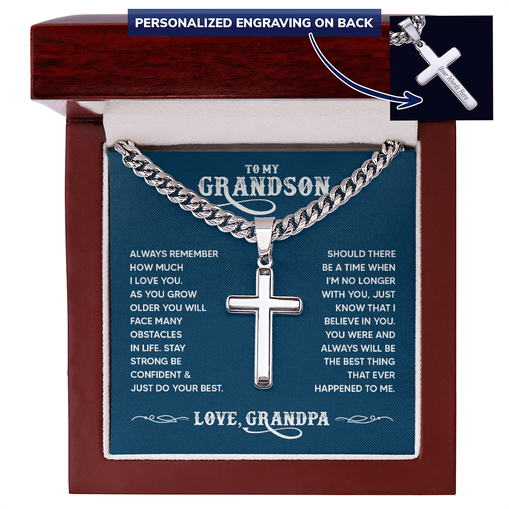 To My Grandson Personalized Cross Necklace – From Grandpa, Faith-Based Gift of Love, Strength and Belief