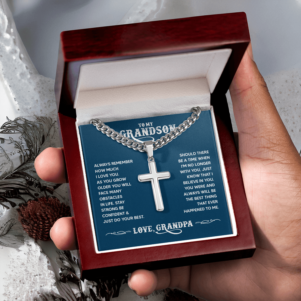 To My Grandson Personalized Cross Necklace – From Grandpa, Faith-Based Gift of Love, Strength and Belief