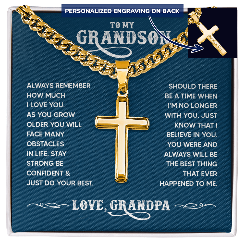 To My Grandson Personalized Cross Necklace – From Grandpa, Faith-Based Gift of Love, Strength and Belief