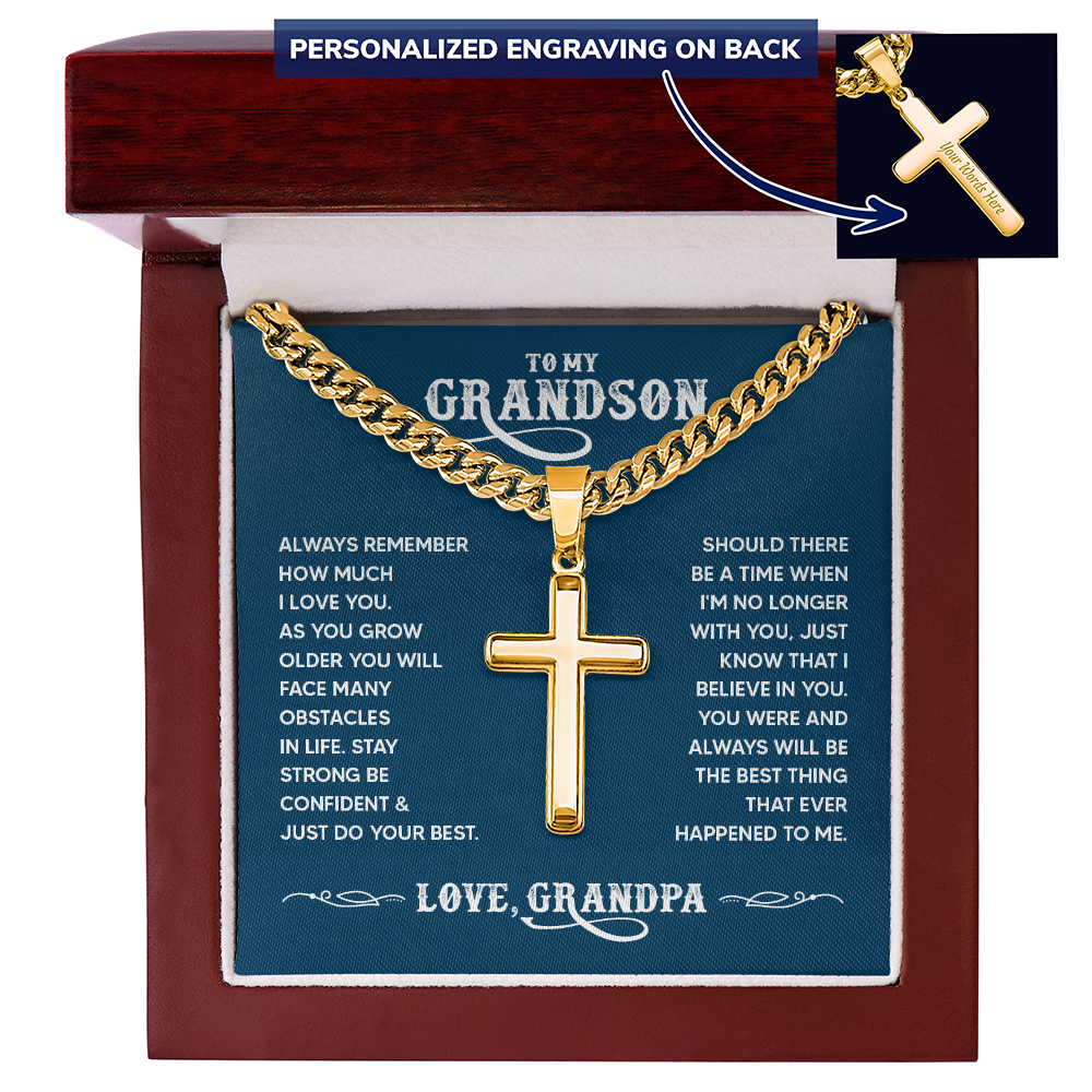 To My Grandson Personalized Cross Necklace – From Grandpa, Faith-Based Gift of Love, Strength and Belief