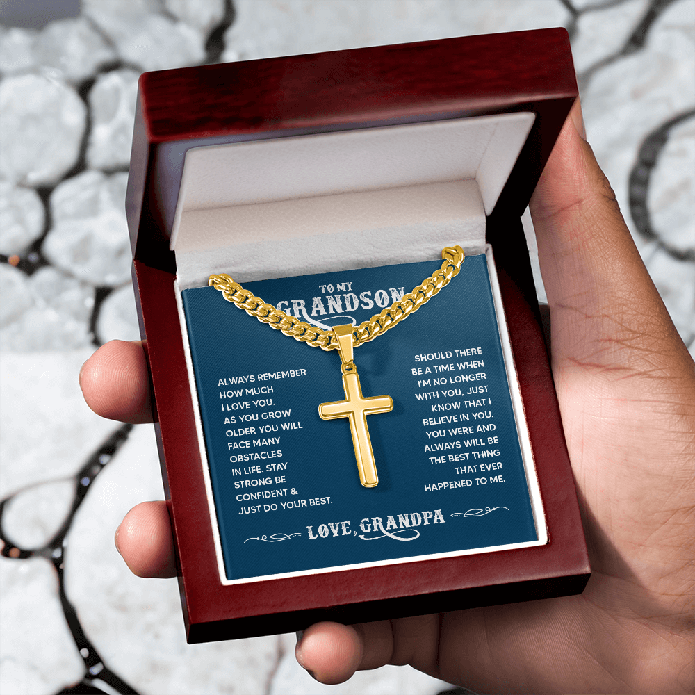 To My Grandson Personalized Cross Necklace – From Grandpa, Faith-Based Gift of Love, Strength and Belief