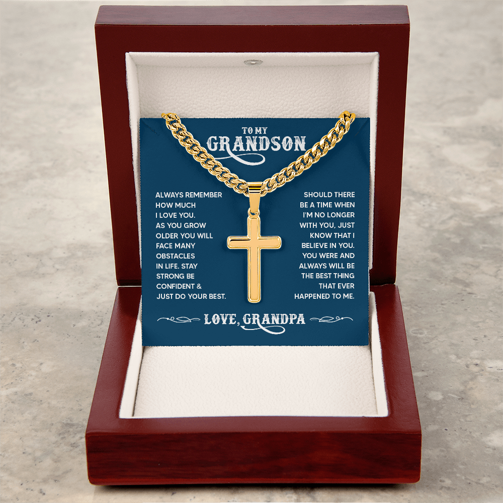 To My Grandson Personalized Cross Necklace – From Grandpa, Faith-Based Gift of Love, Strength and Belief