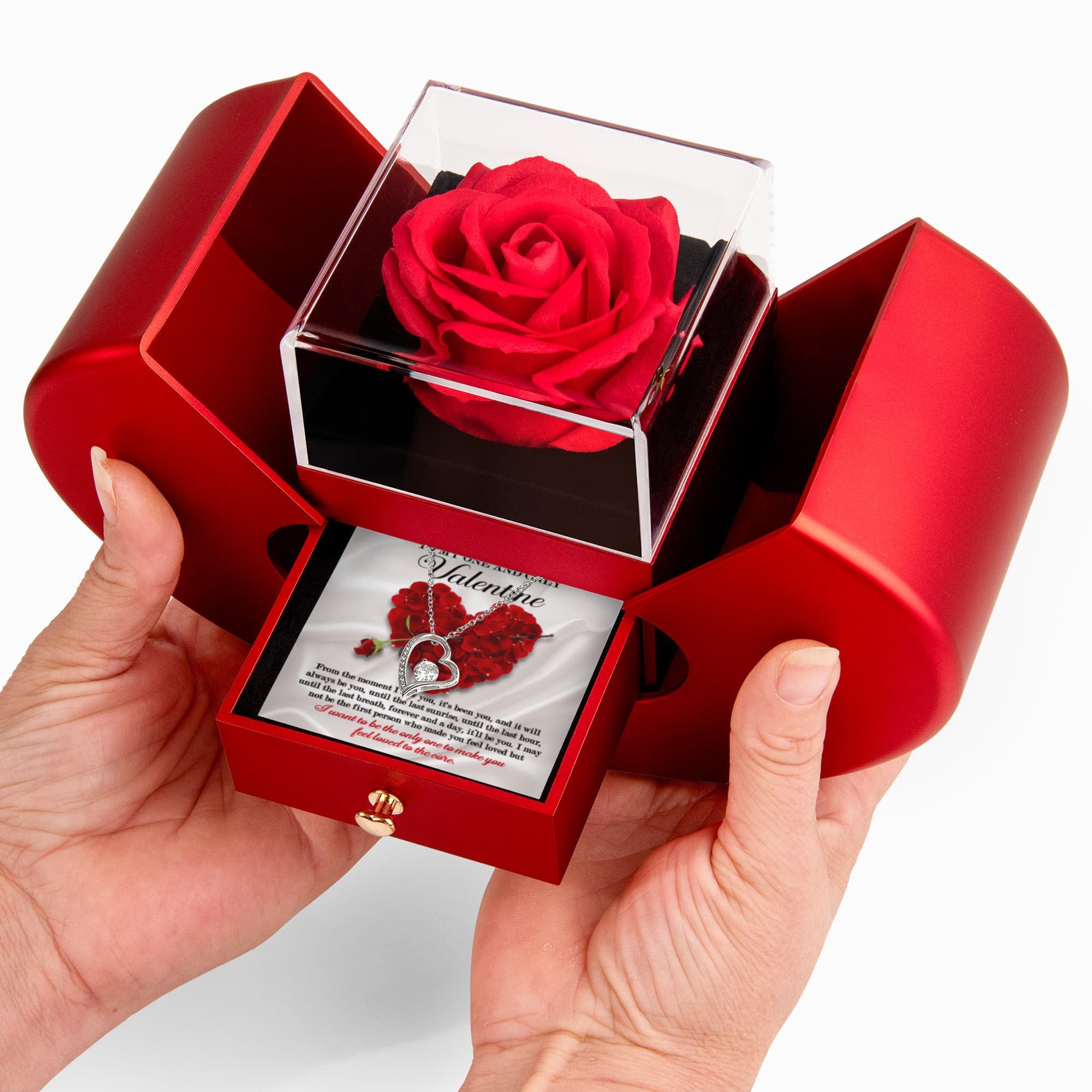 To My One and Only Valentine – Forever Love Necklace with Red Heart Rose Box