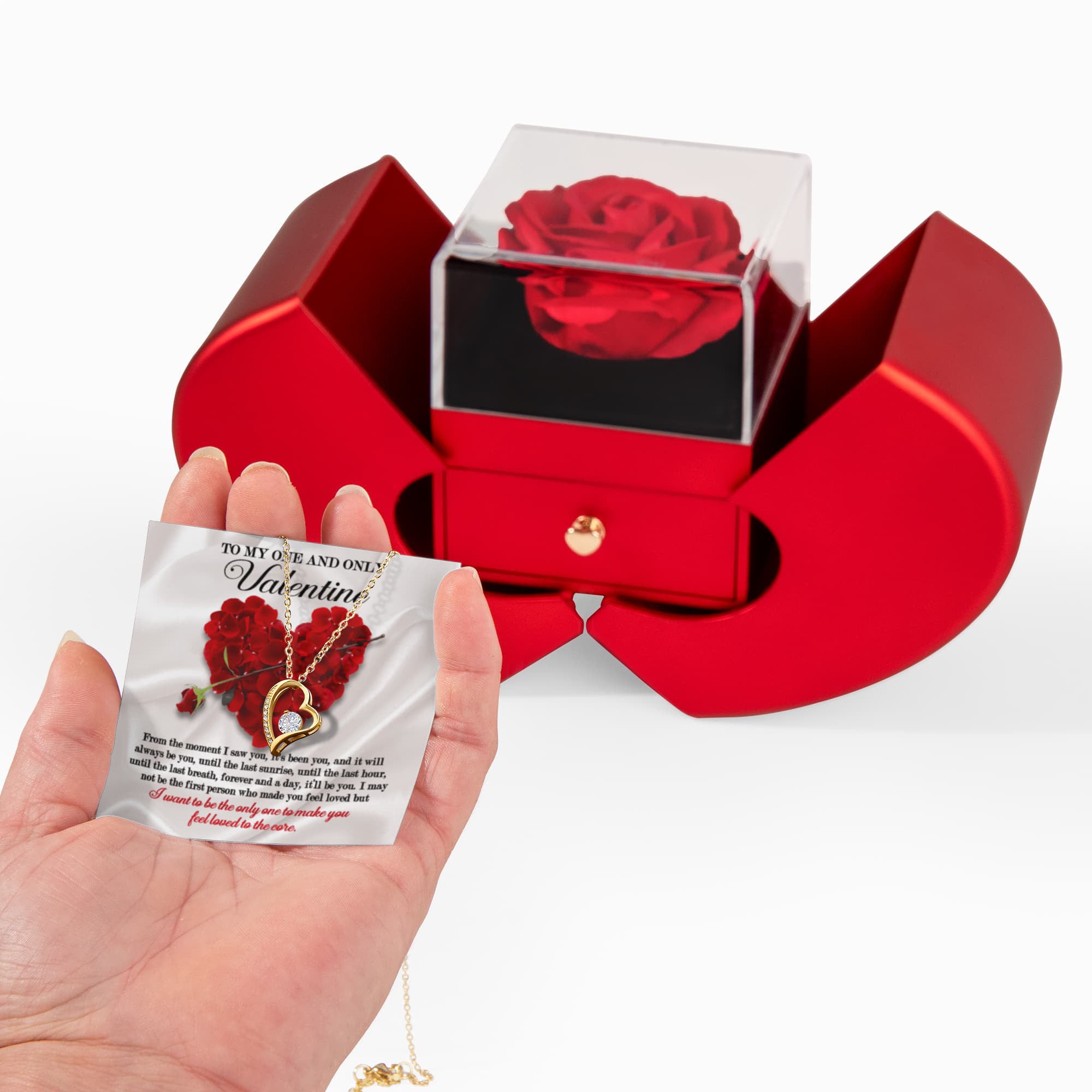 To My One and Only Valentine – Forever Love Necklace with Red Heart Rose Box