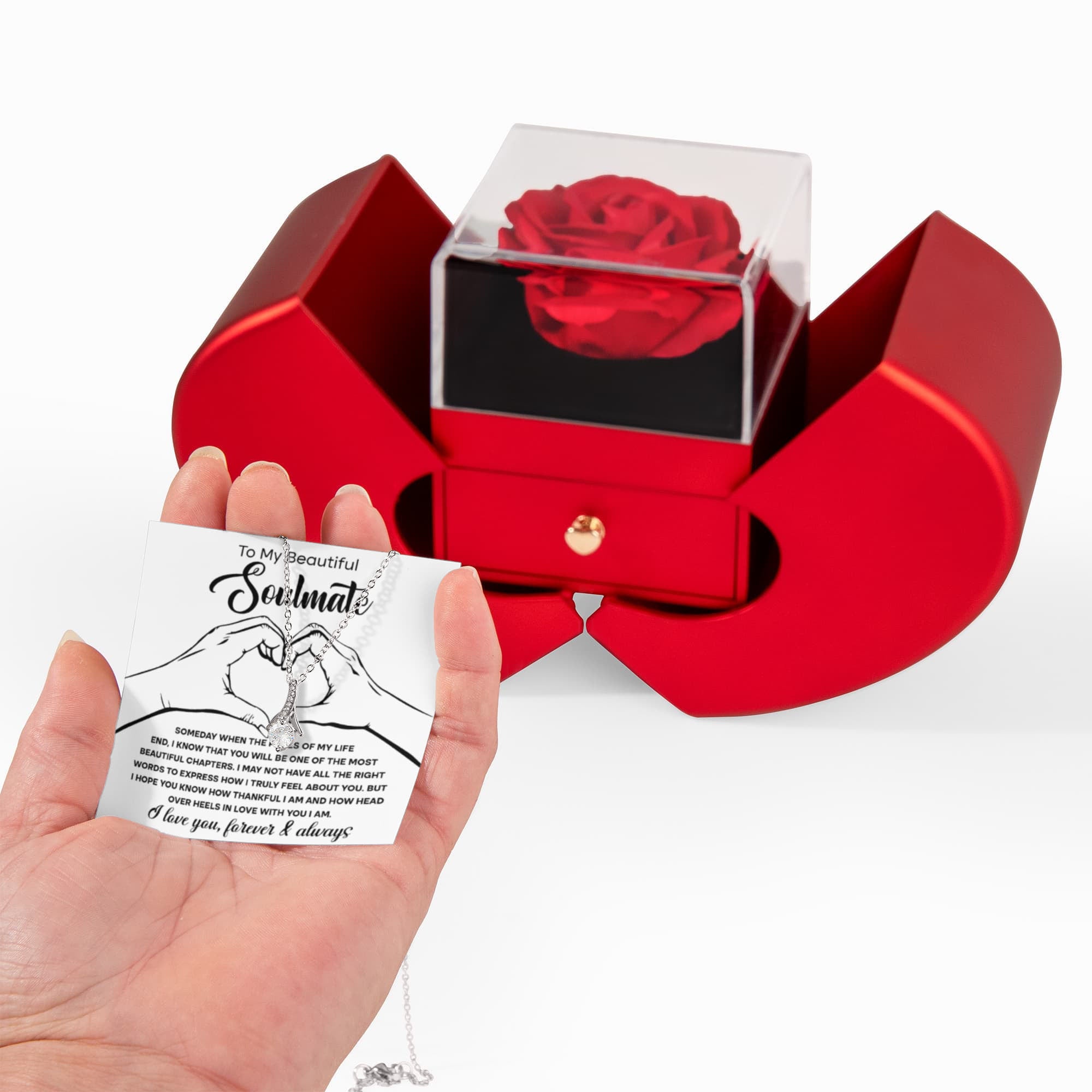 To My Beautiful Soulmate -Alluring Beauty Necklace and Red Heart Rose Box - Valentine's Day, Anniversary Gift for Her