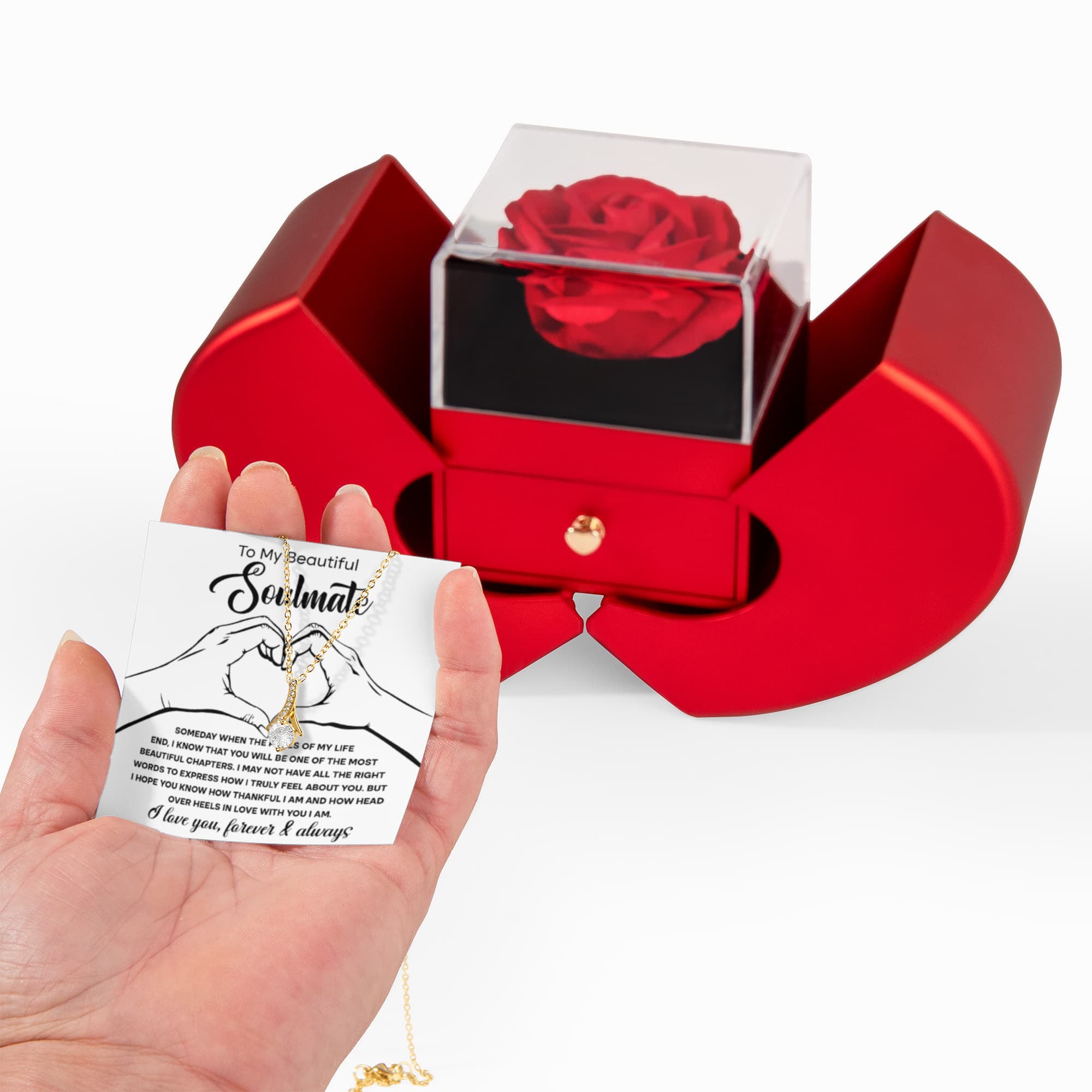 To My Beautiful Soulmate -Alluring Beauty Necklace and Red Heart Rose Box - Valentine's Day, Anniversary Gift for Her