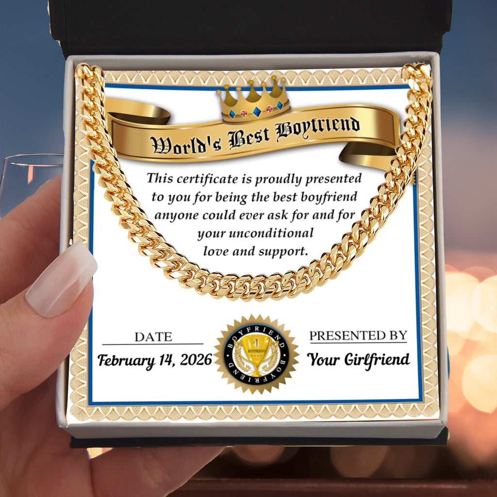 World's Best Boyfriend Cuban Chain Necklace – Personalized Certificate Gift from Girlfriend