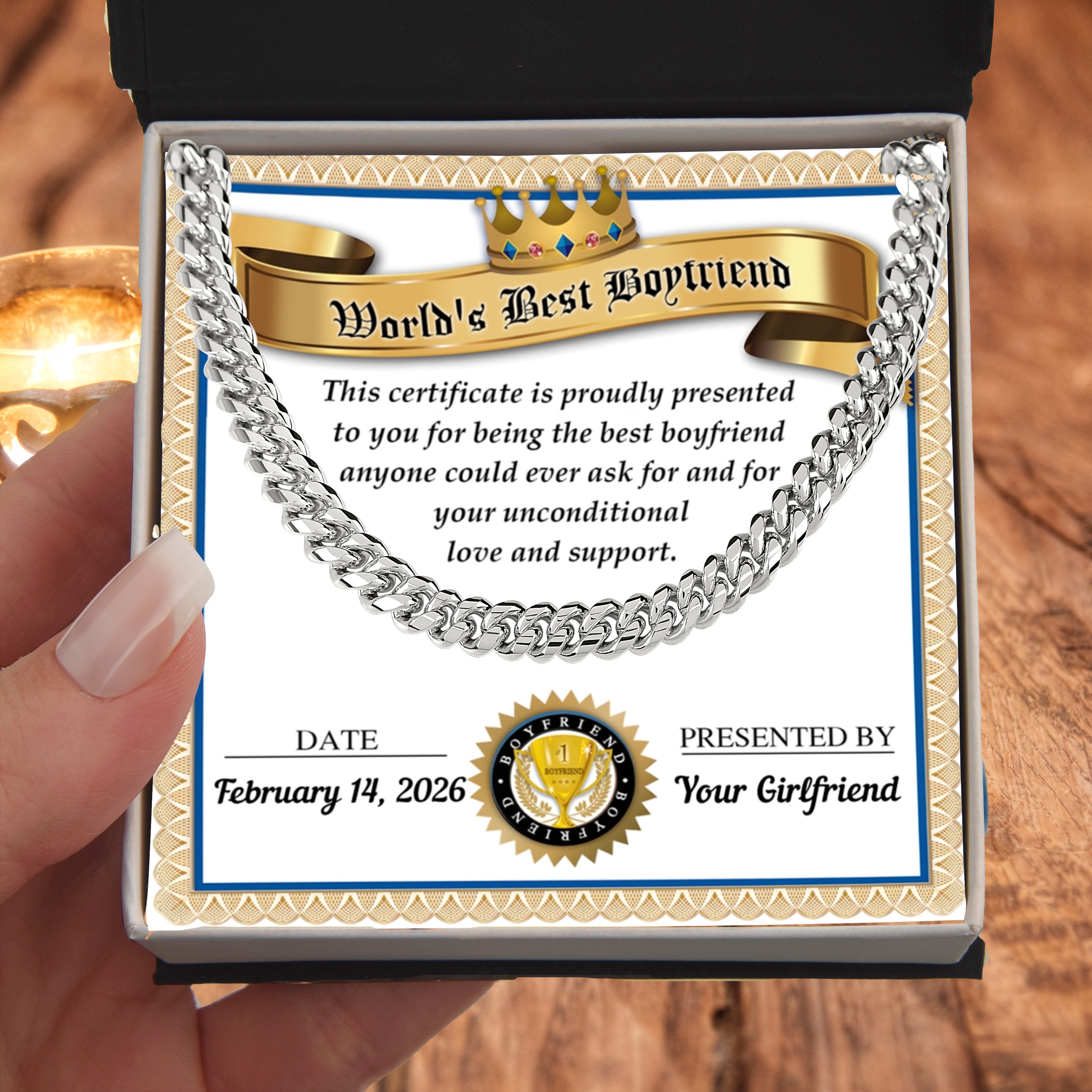 World's Best Boyfriend Cuban Chain Necklace – Personalized Certificate Gift from Girlfriend