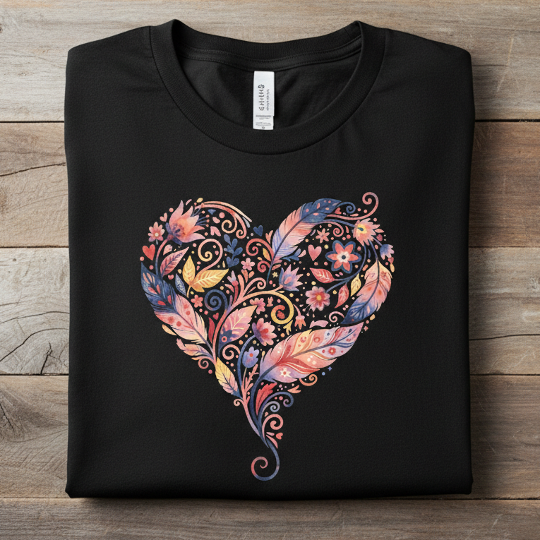 Floral Heart Graphic Tee — Boho Feather & Flower Design