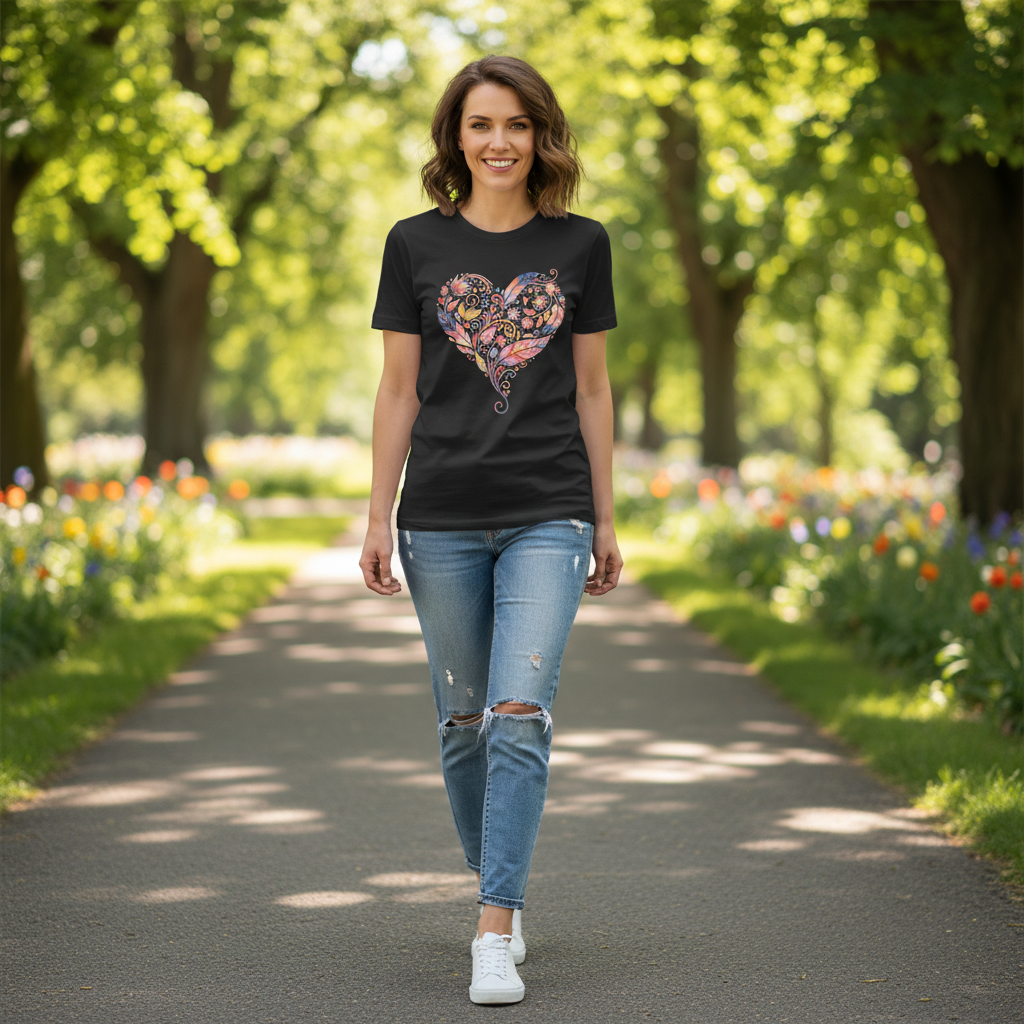 Floral Heart Graphic Tee — Boho Feather & Flower Design