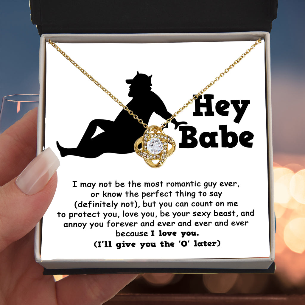 Hey Babe Love Knot Necklace – Funny and Flirty Gift for Girlfriend or Wife with Message Card