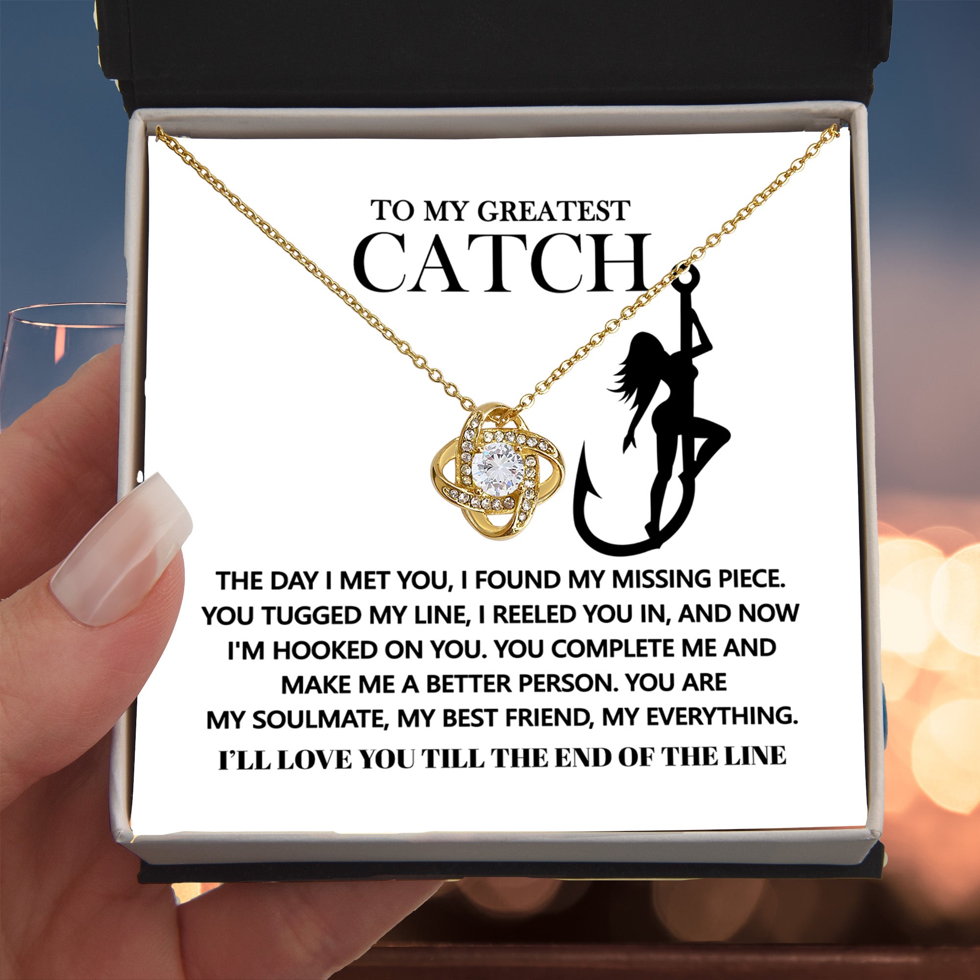 To My Greatest Catch – Love Knot Necklace - Fishing-Themed Gift for Girlfriend, Wife, or Fiancée