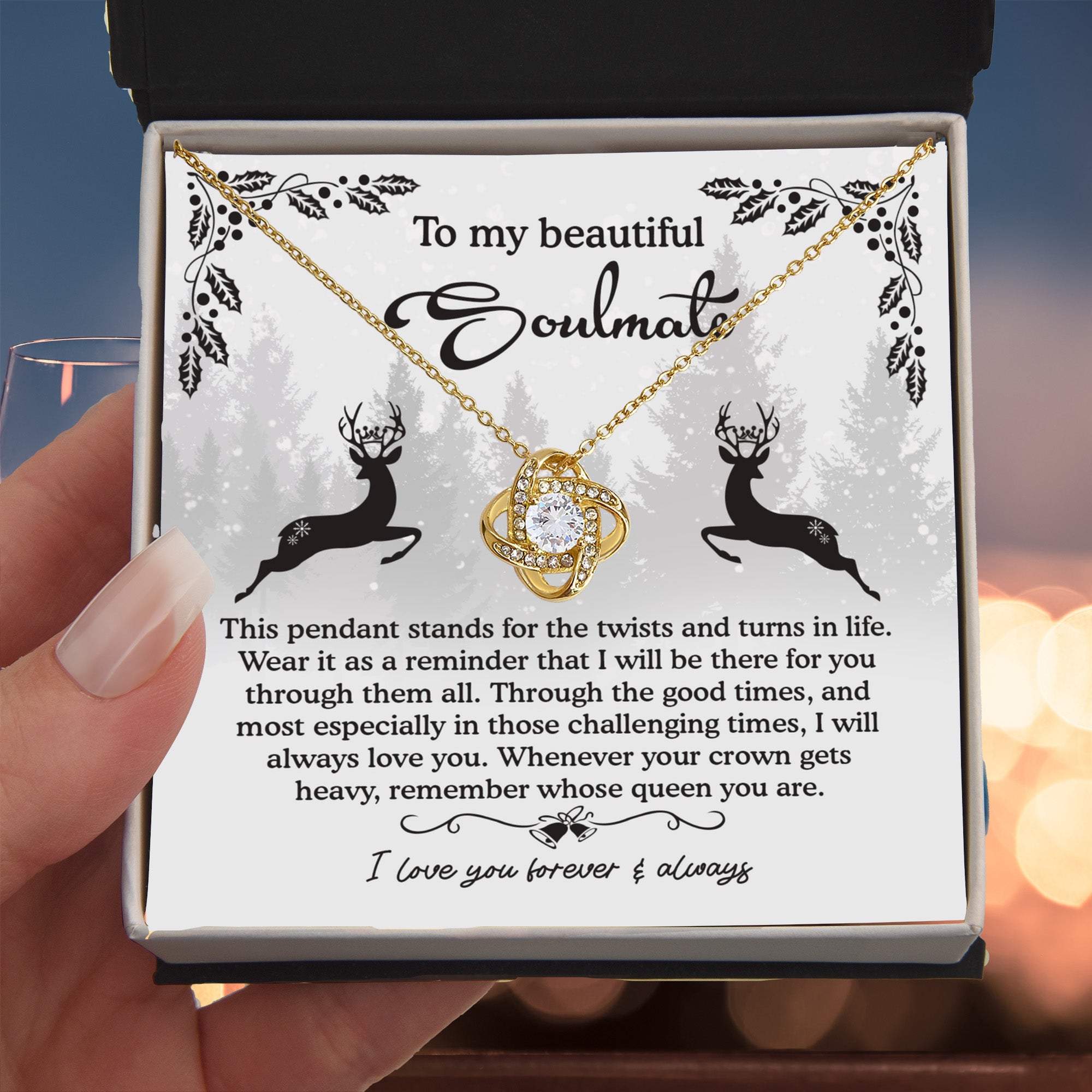 To My Beautiful Soulmate – Winter Reindeer Love Knot Necklace | Romantic Gift for Her