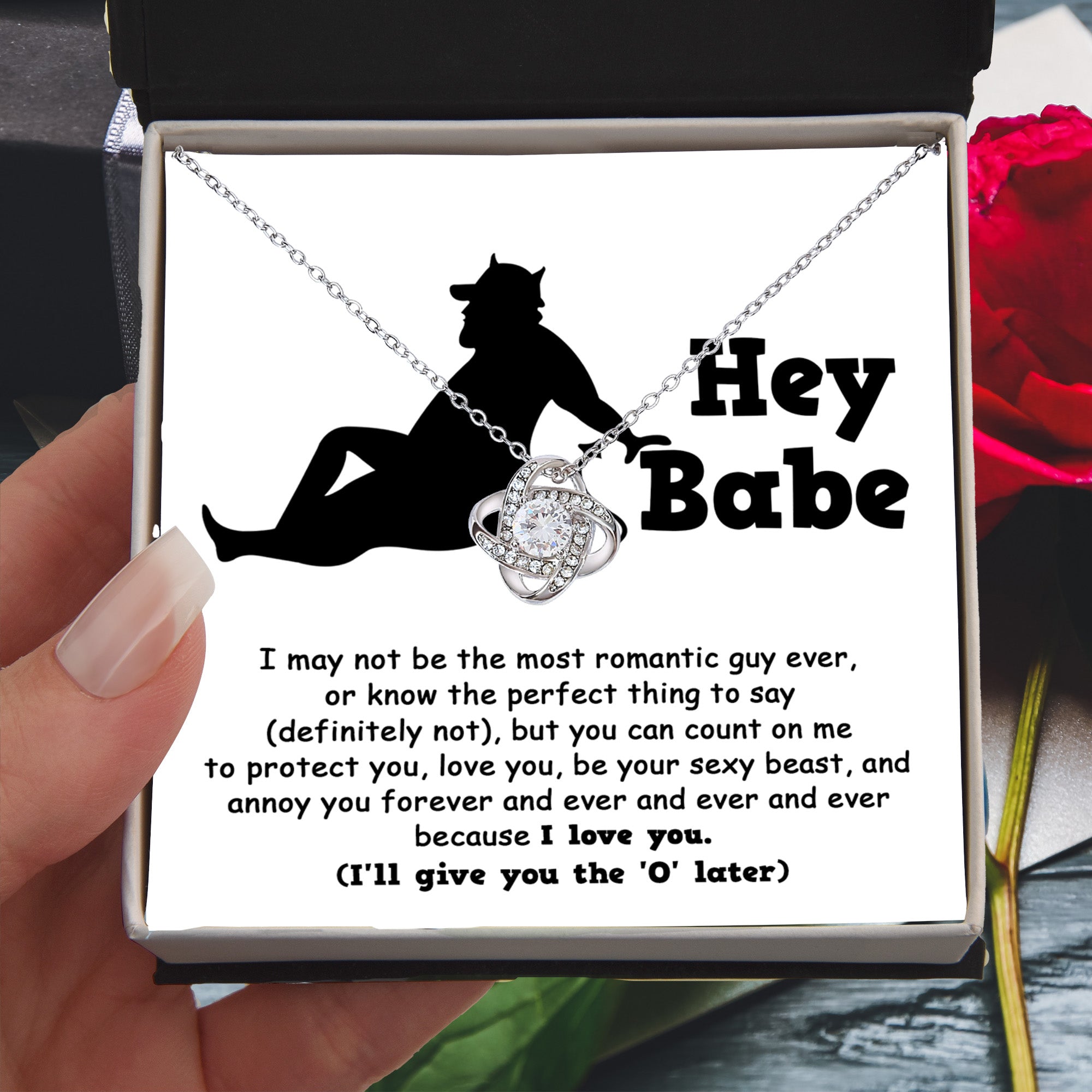Hey Babe Love Knot Necklace – Funny and Flirty Gift for Girlfriend or Wife with Message Card