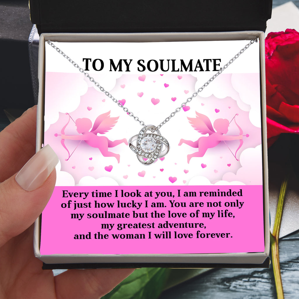 To My Soulmate - Greatest Adventure - Love Knot Necklace with Cupid Message Card