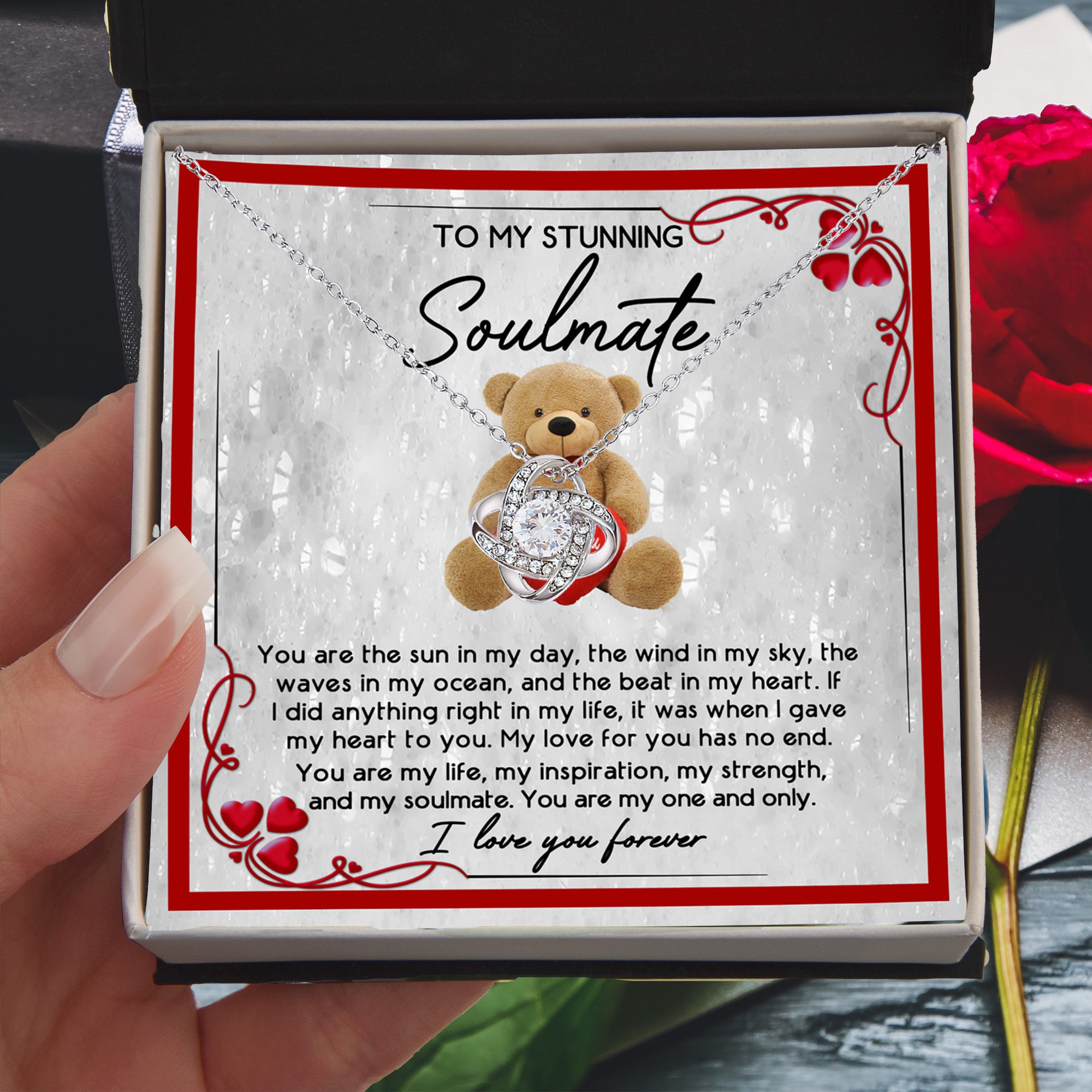 Soulmate Gift – I Love You Forever Necklace with Teddy Bear Message Card