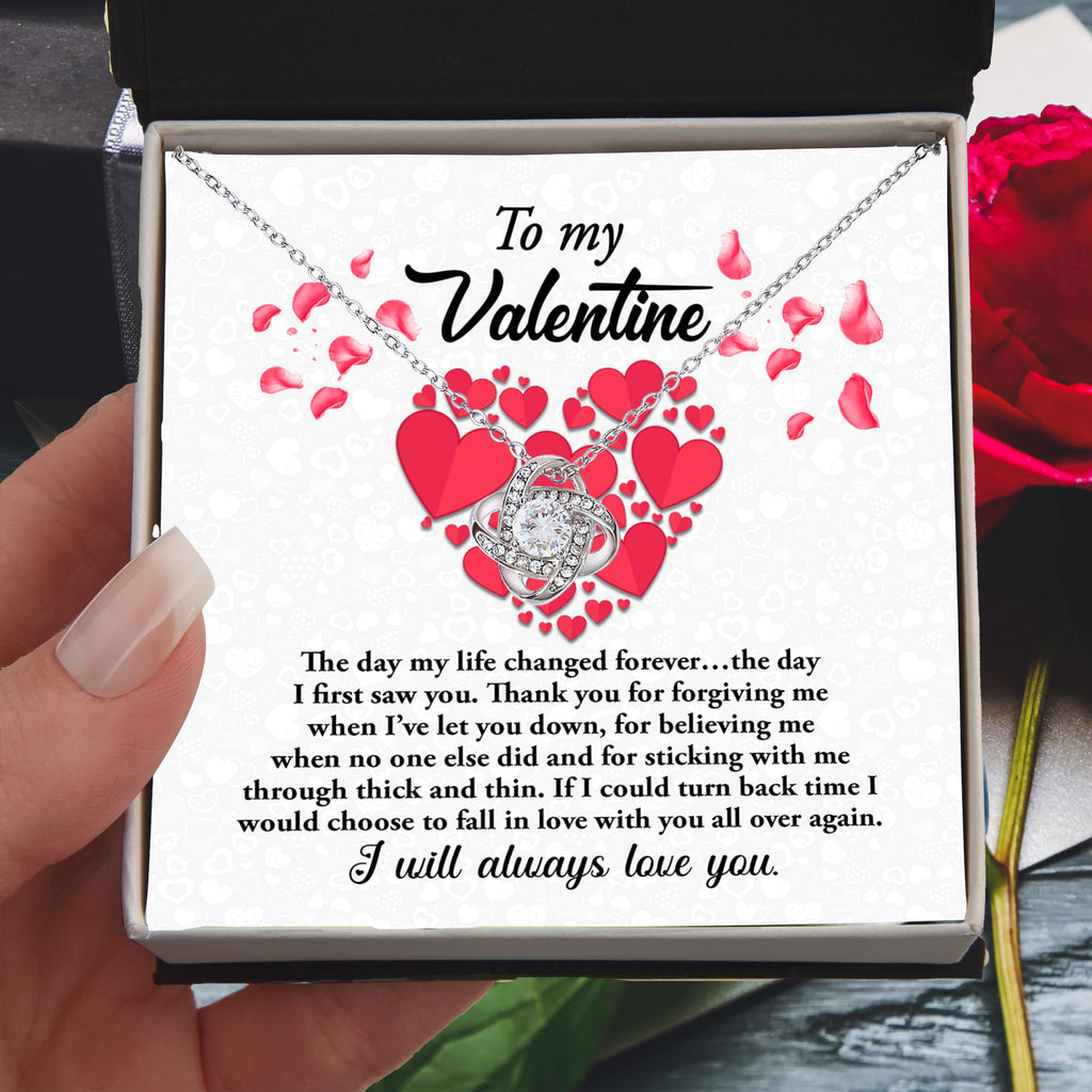 To My Valentine - My Life Changed - Love Knot Necklace with Romantic Message Card
