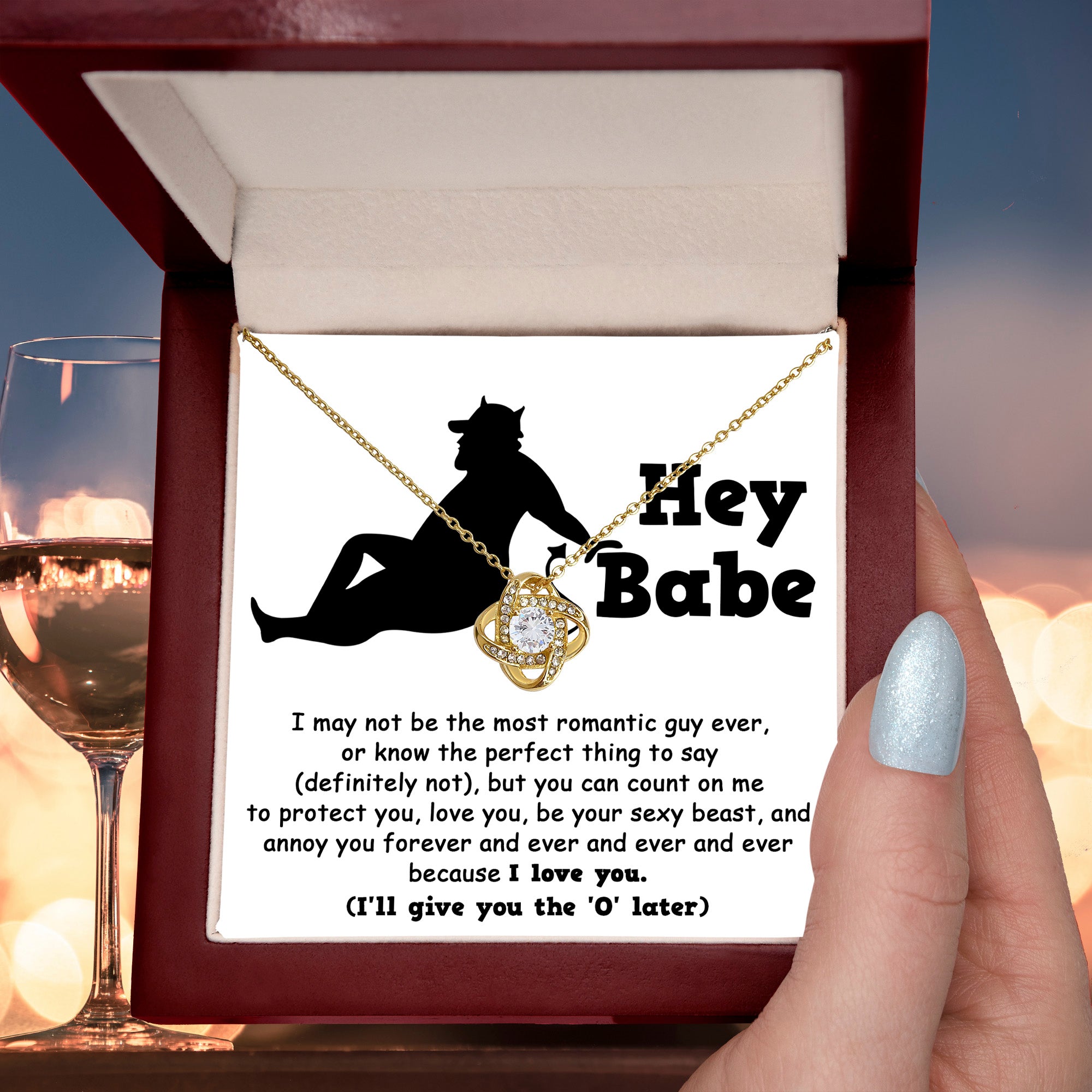 Hey Babe Love Knot Necklace – Funny and Flirty Gift for Girlfriend or Wife with Message Card