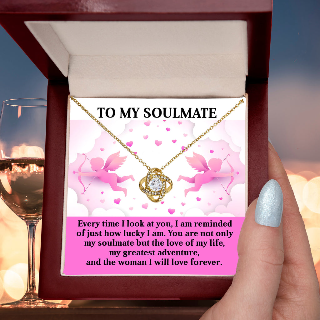 To My Soulmate - Greatest Adventure - Love Knot Necklace with Cupid Message Card