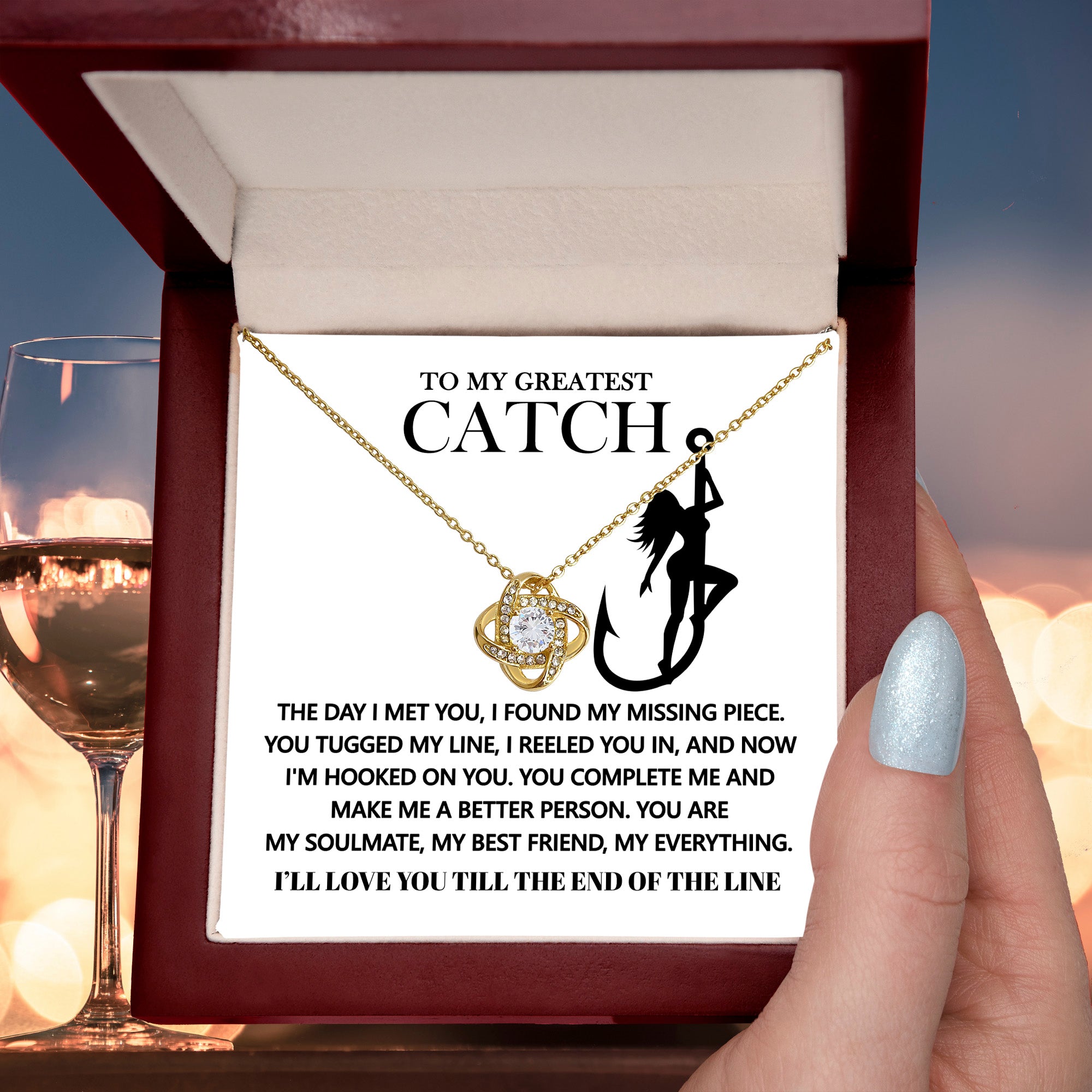 To My Greatest Catch – Love Knot Necklace - Fishing-Themed Gift for Girlfriend, Wife, or Fiancée