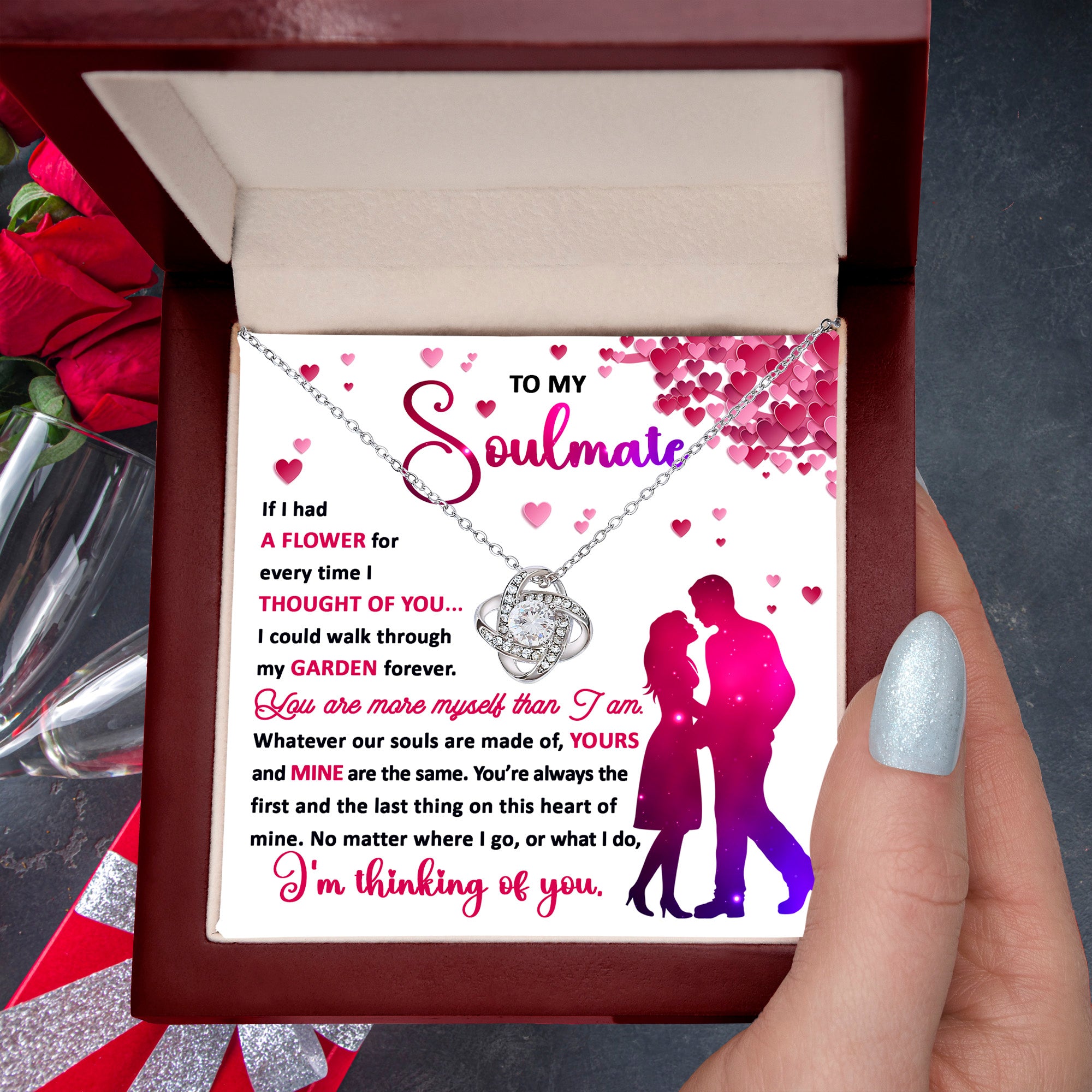 To My Soulmate - I am Thing of You - Love Knot Necklace with Heartfelt Message Card