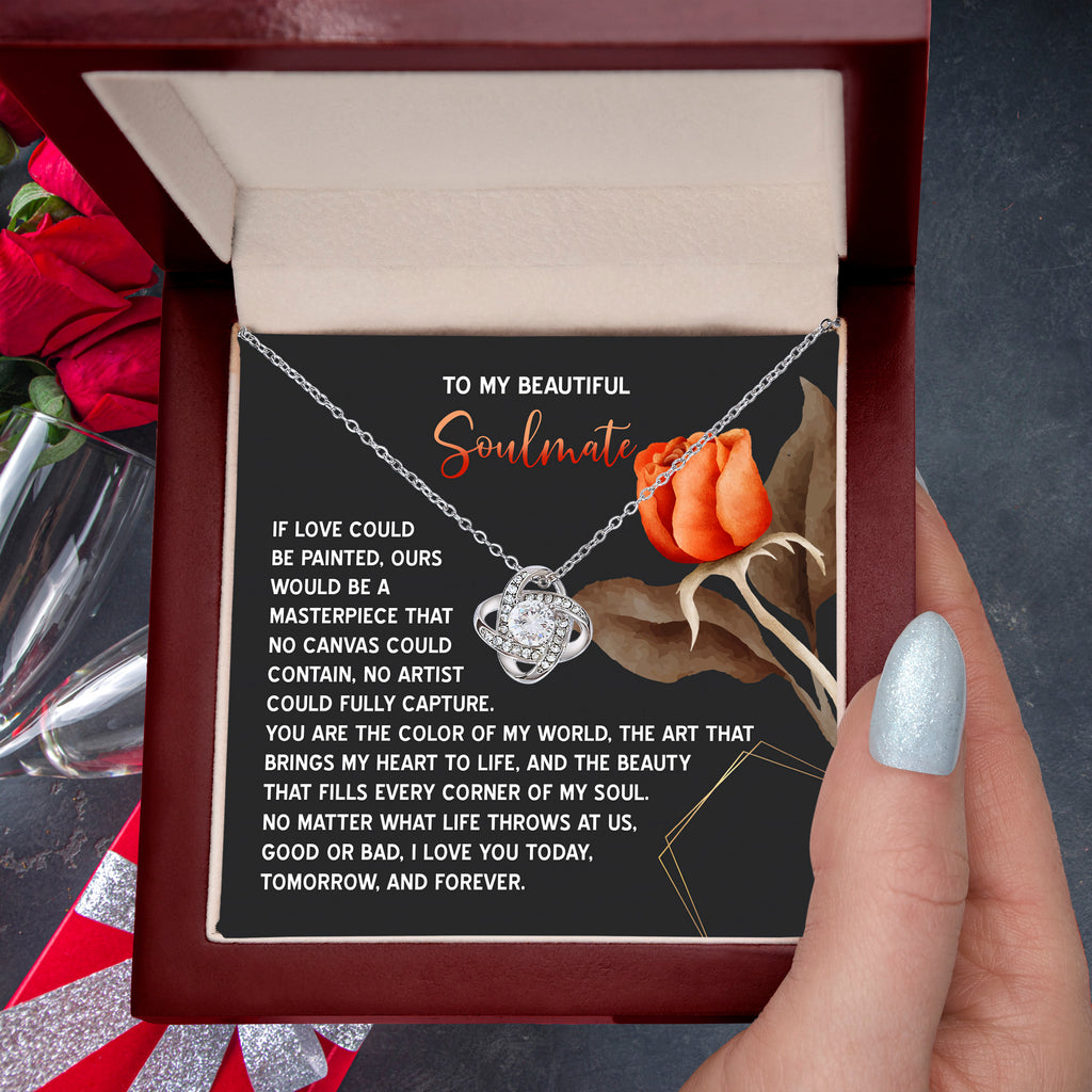 To My Beautiful Soulmate – Our Love is a Masterpiece Love Knot Necklace with Heartfelt Message Card