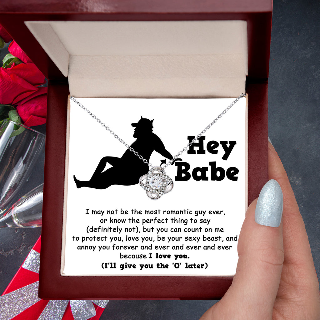 Hey Babe Love Knot Necklace – Funny and Flirty Gift for Girlfriend or Wife with Message Card