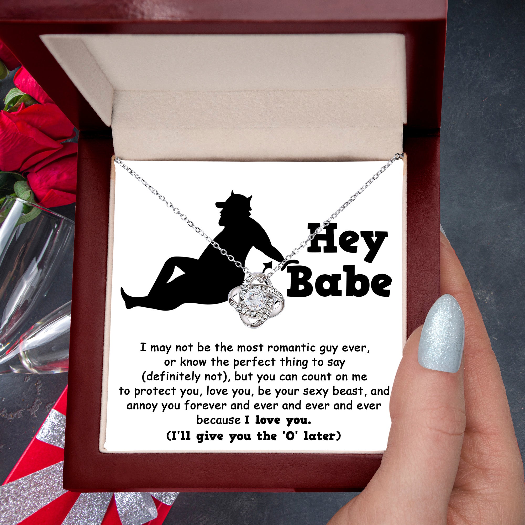 Hey Babe Love Knot Necklace – Funny and Flirty Gift for Girlfriend or Wife with Message Card