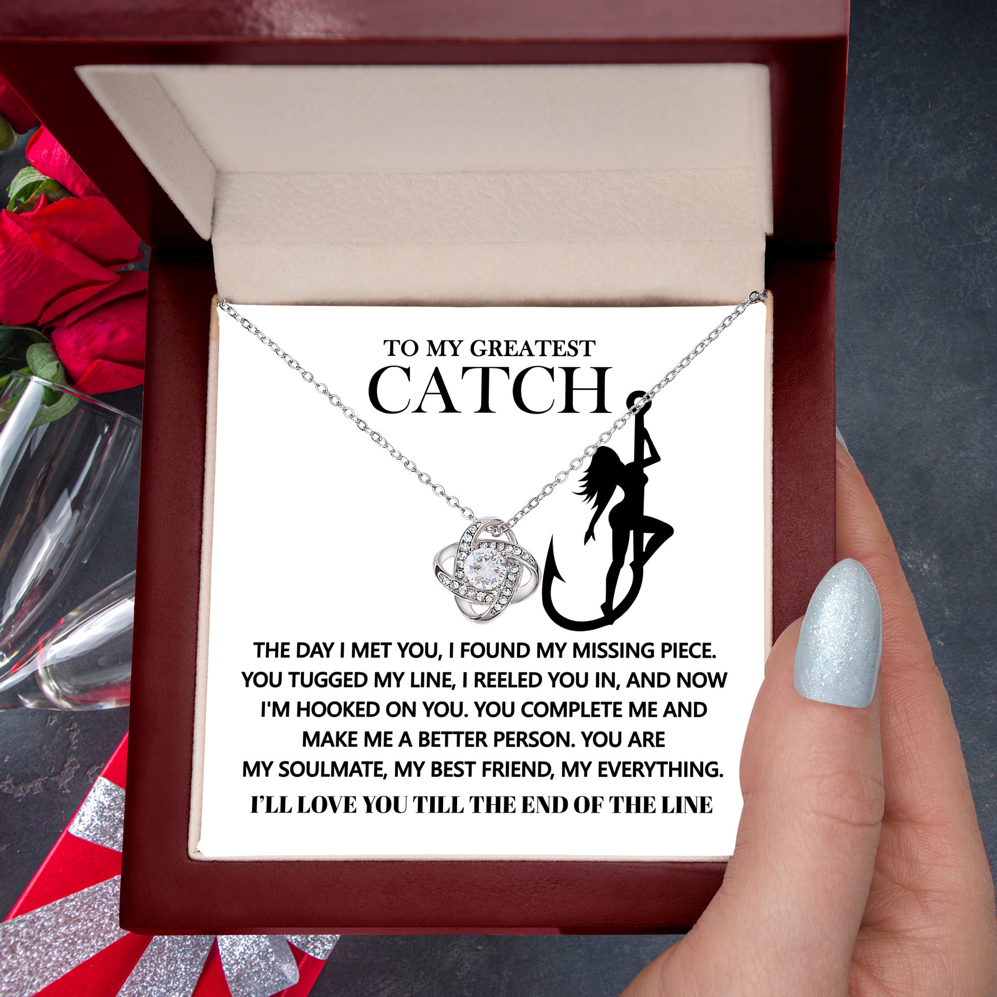 To My Greatest Catch – Love Knot Necklace - Fishing-Themed Gift for Girlfriend, Wife, or Fiancée