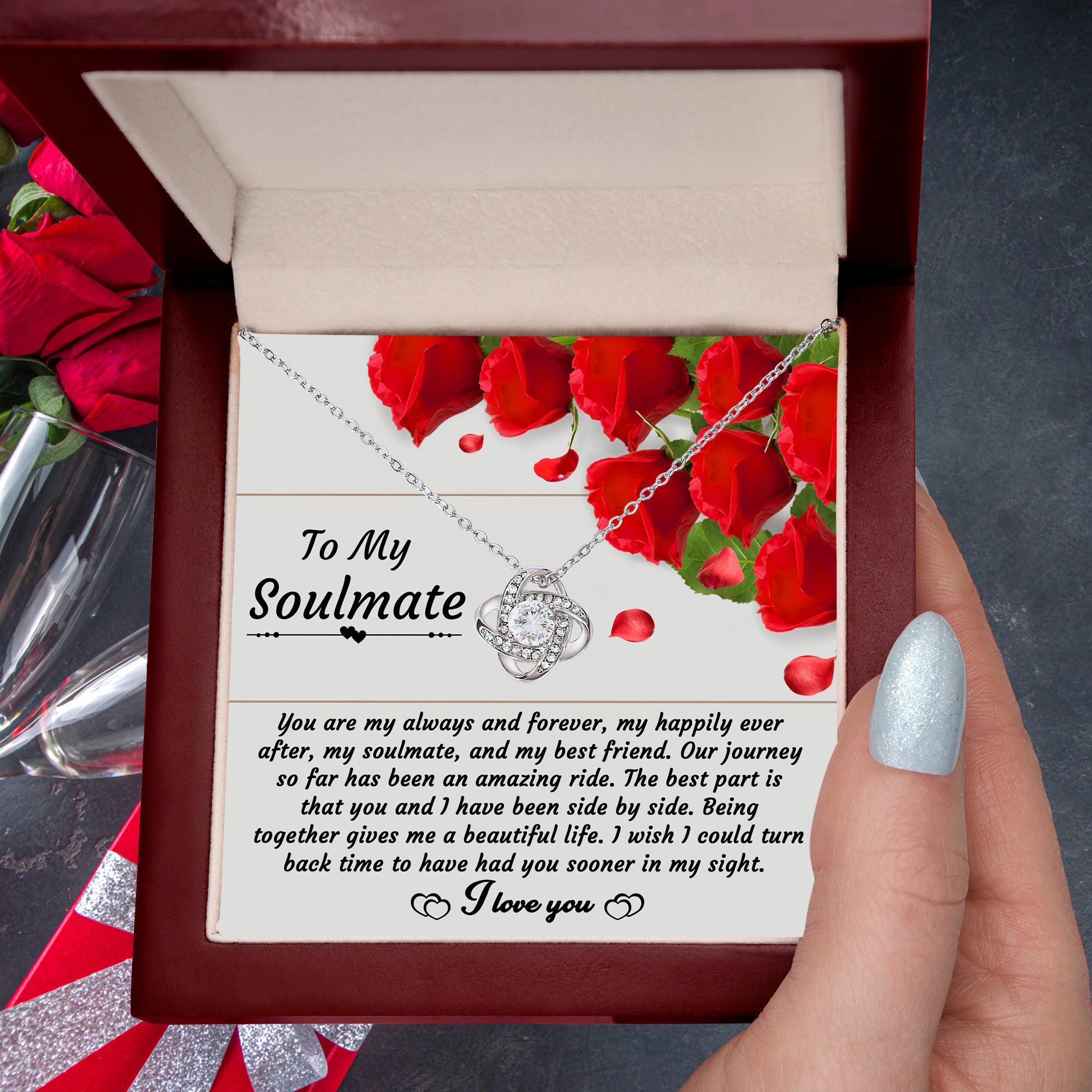 To My Soulmate - Side By Side Forever - Love Knot Necklace with Message Card