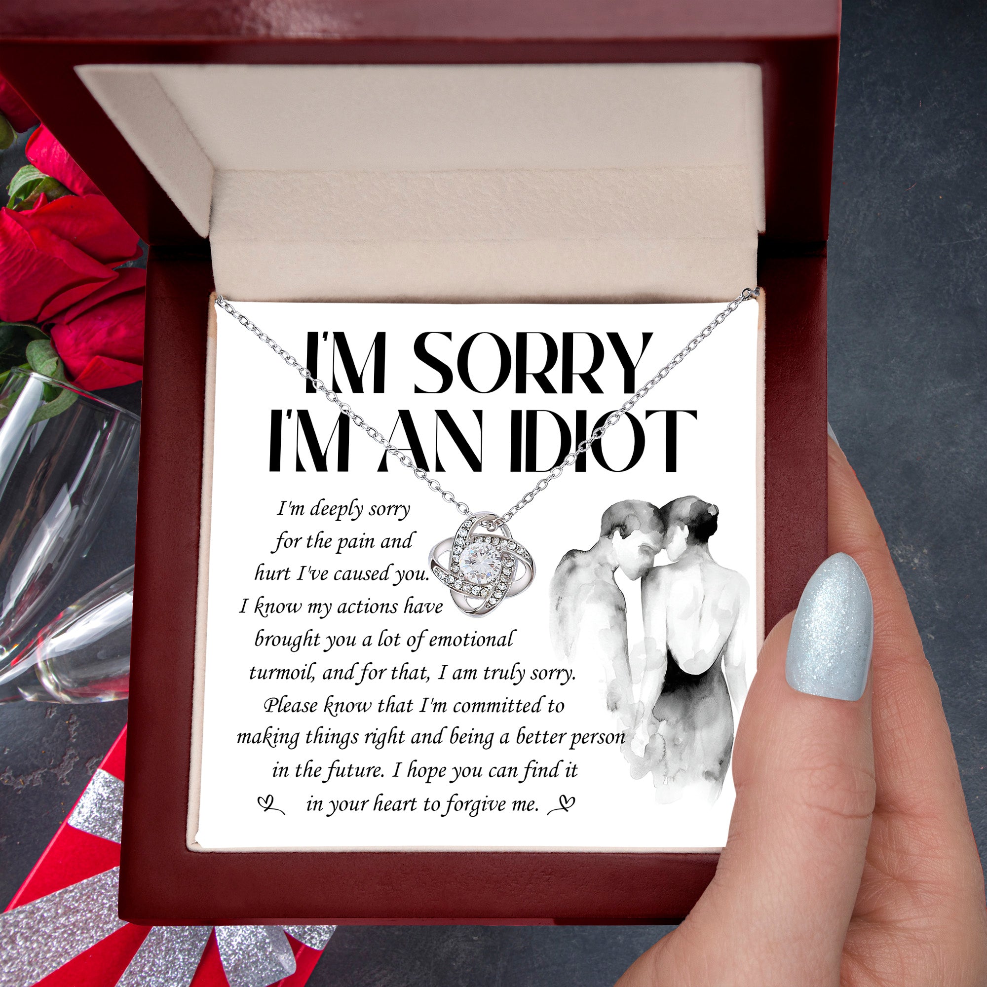 Heartfelt Apology Gift for Her - “I'm Sorry, I'm an Idiot” Love Knot Necklace
