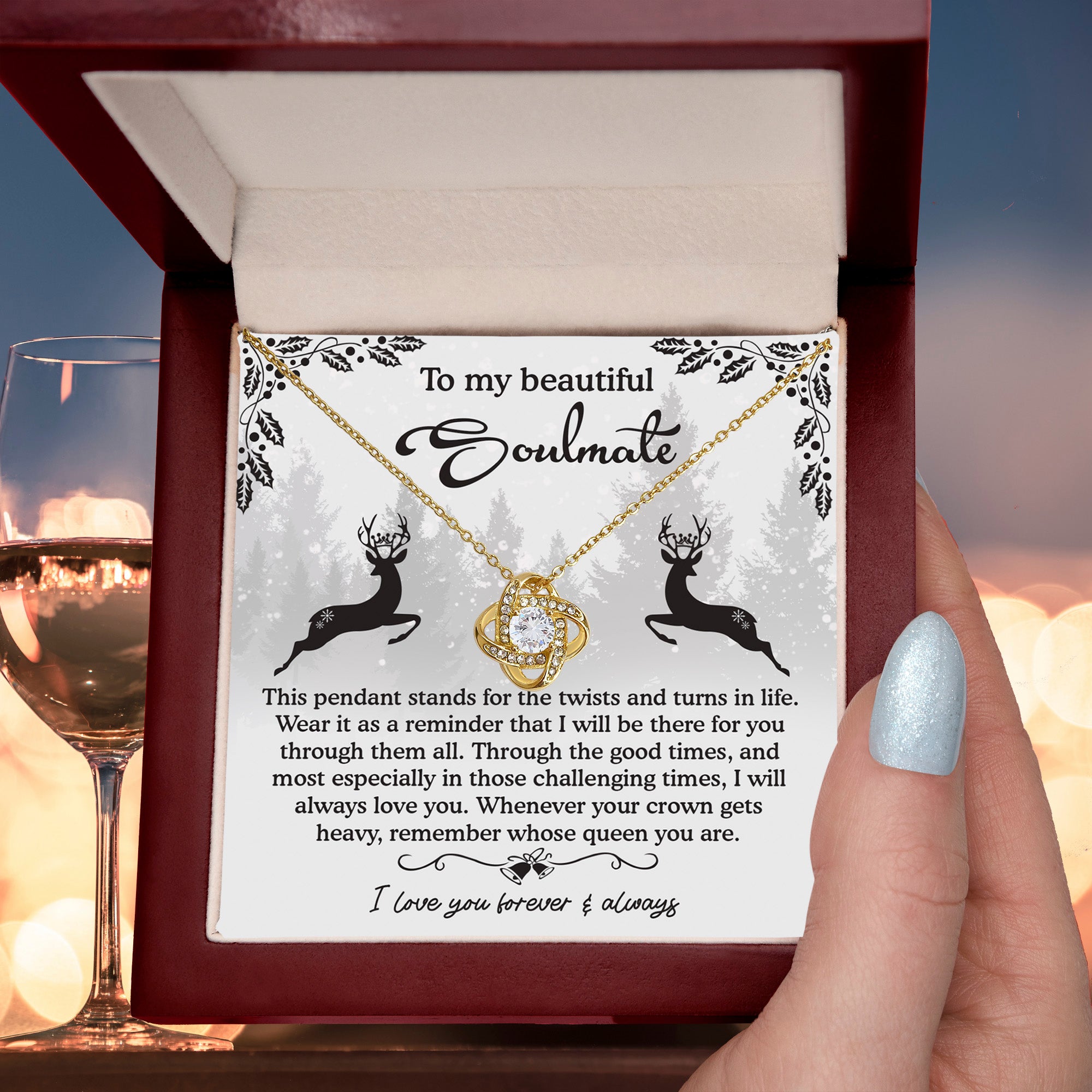 To My Beautiful Soulmate – Winter Reindeer Love Knot Necklace | Romantic Gift for Her