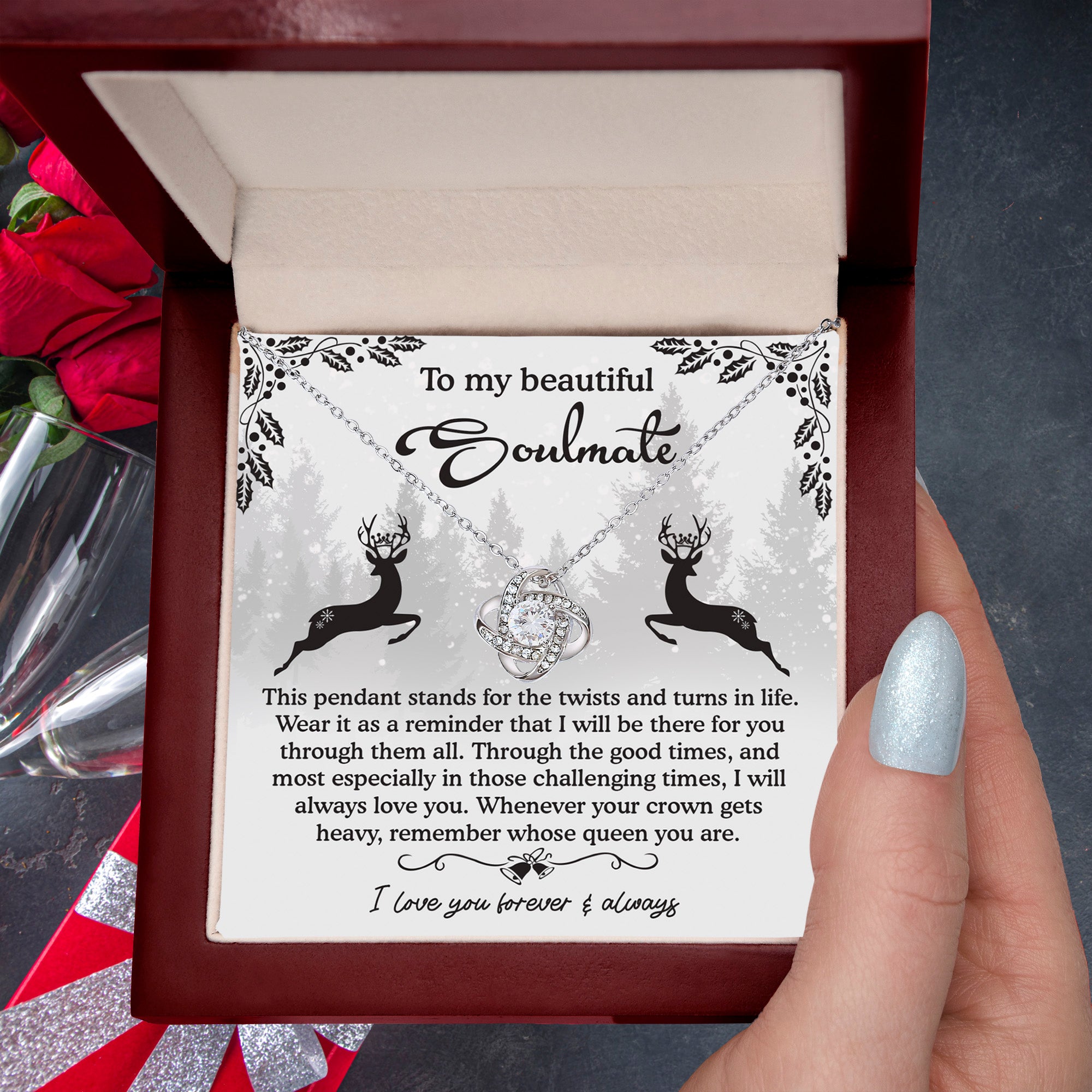 To My Beautiful Soulmate – Winter Reindeer Love Knot Necklace | Romantic Gift for Her